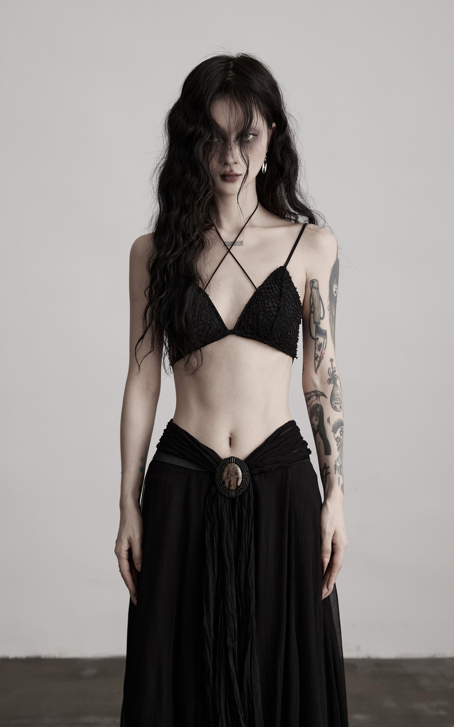 INDULGE Strappy Lace Bralette – Gothic Crochet Texture with Minimal Silhouette