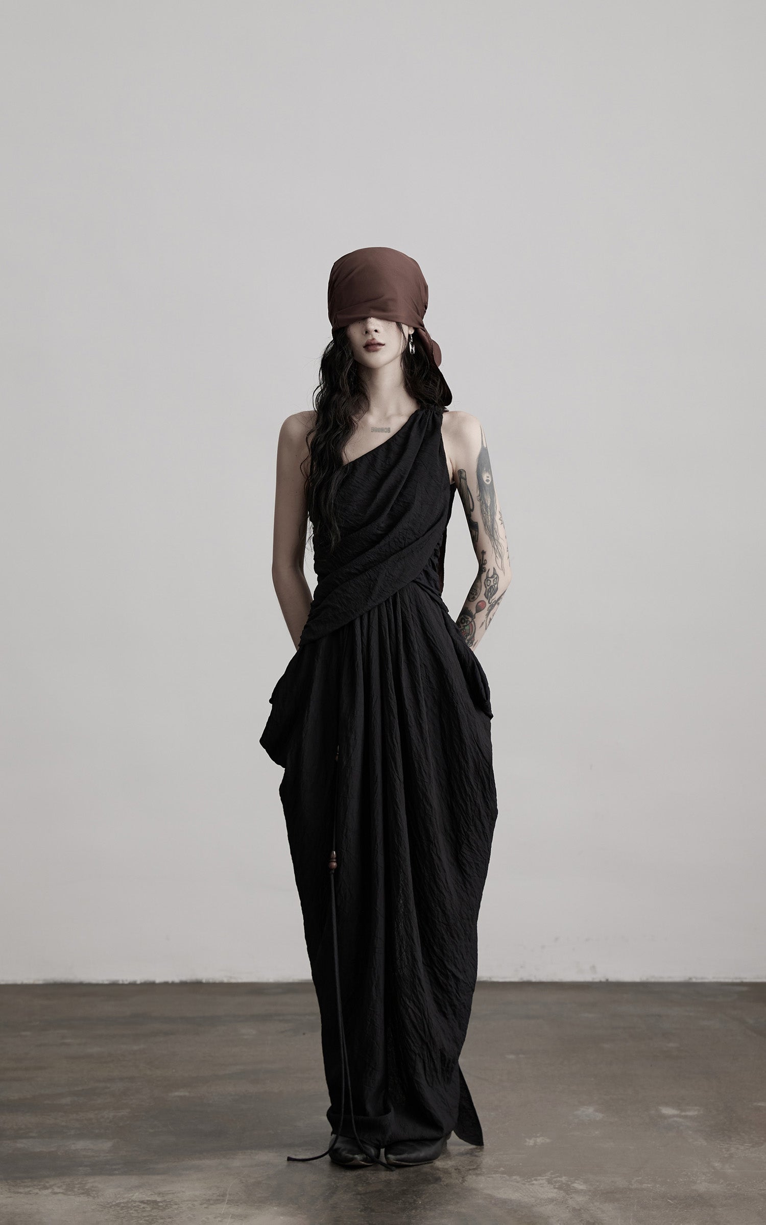INDULGE Asymmetric Draped Maxi Dress with Textured Fabric and Wooden Bead Detail