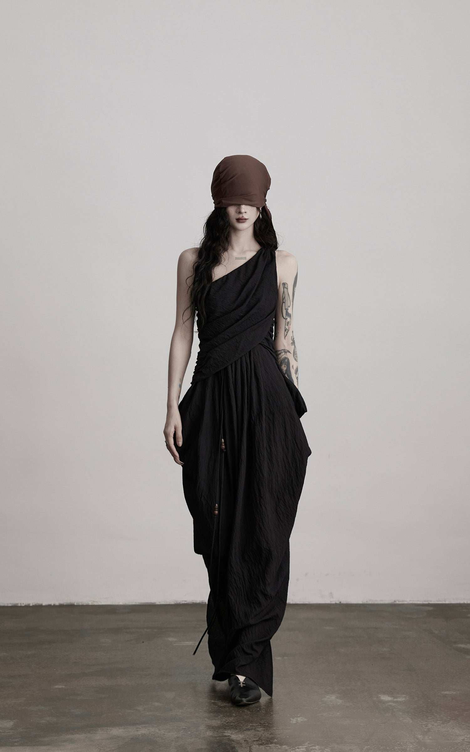 INDULGE Asymmetric Draped Maxi Dress with Textured Fabric and Wooden Bead Detail