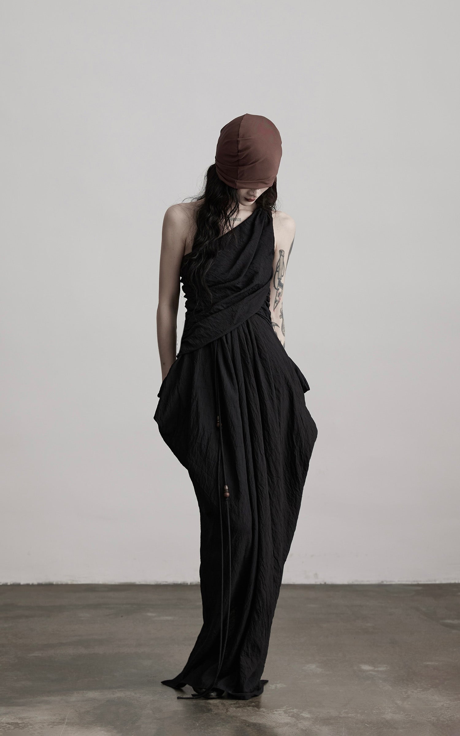 INDULGE Asymmetric Draped Maxi Dress with Textured Fabric and Wooden Bead Detail