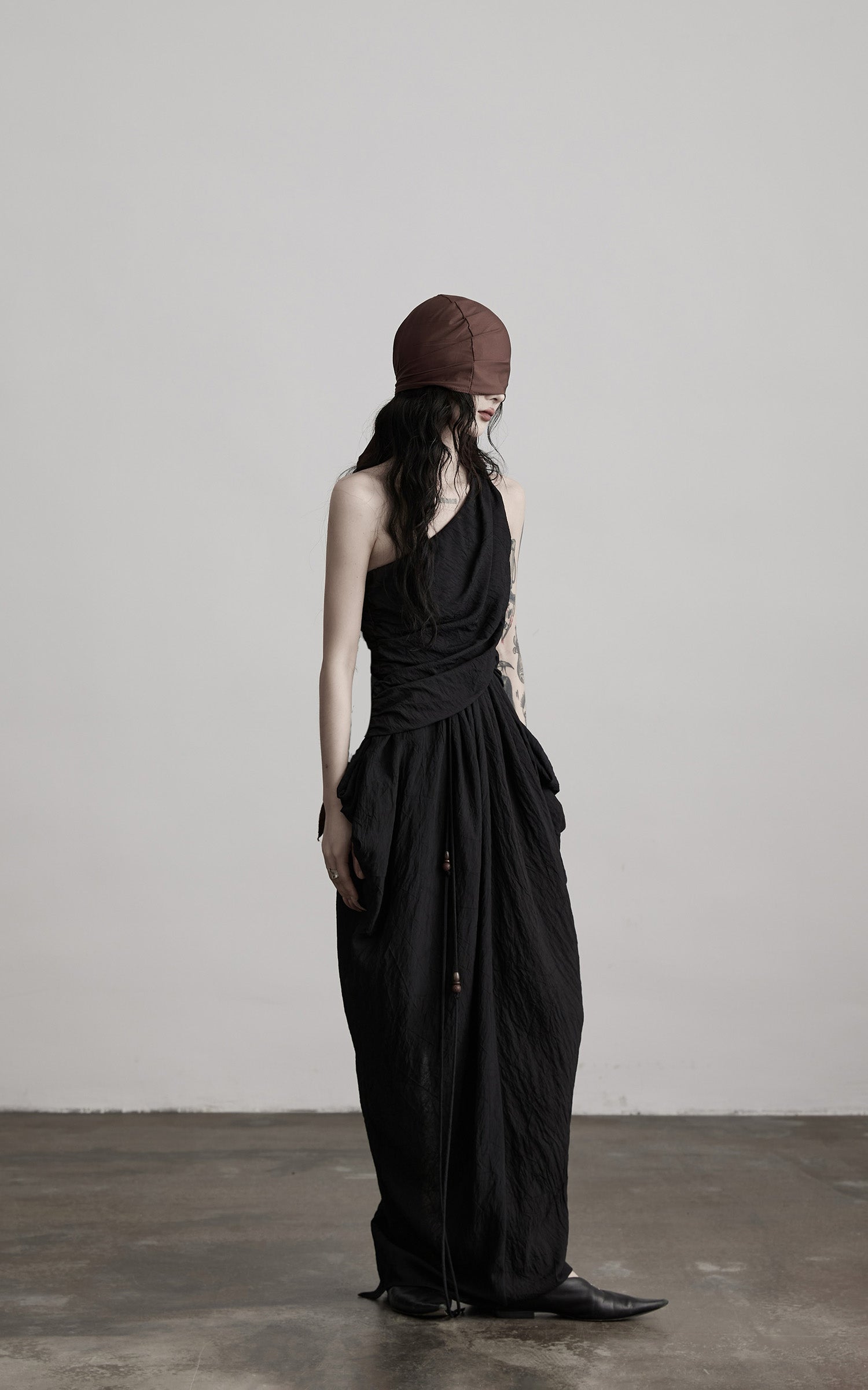 INDULGE Asymmetric Draped Maxi Dress with Textured Fabric and Wooden Bead Detail