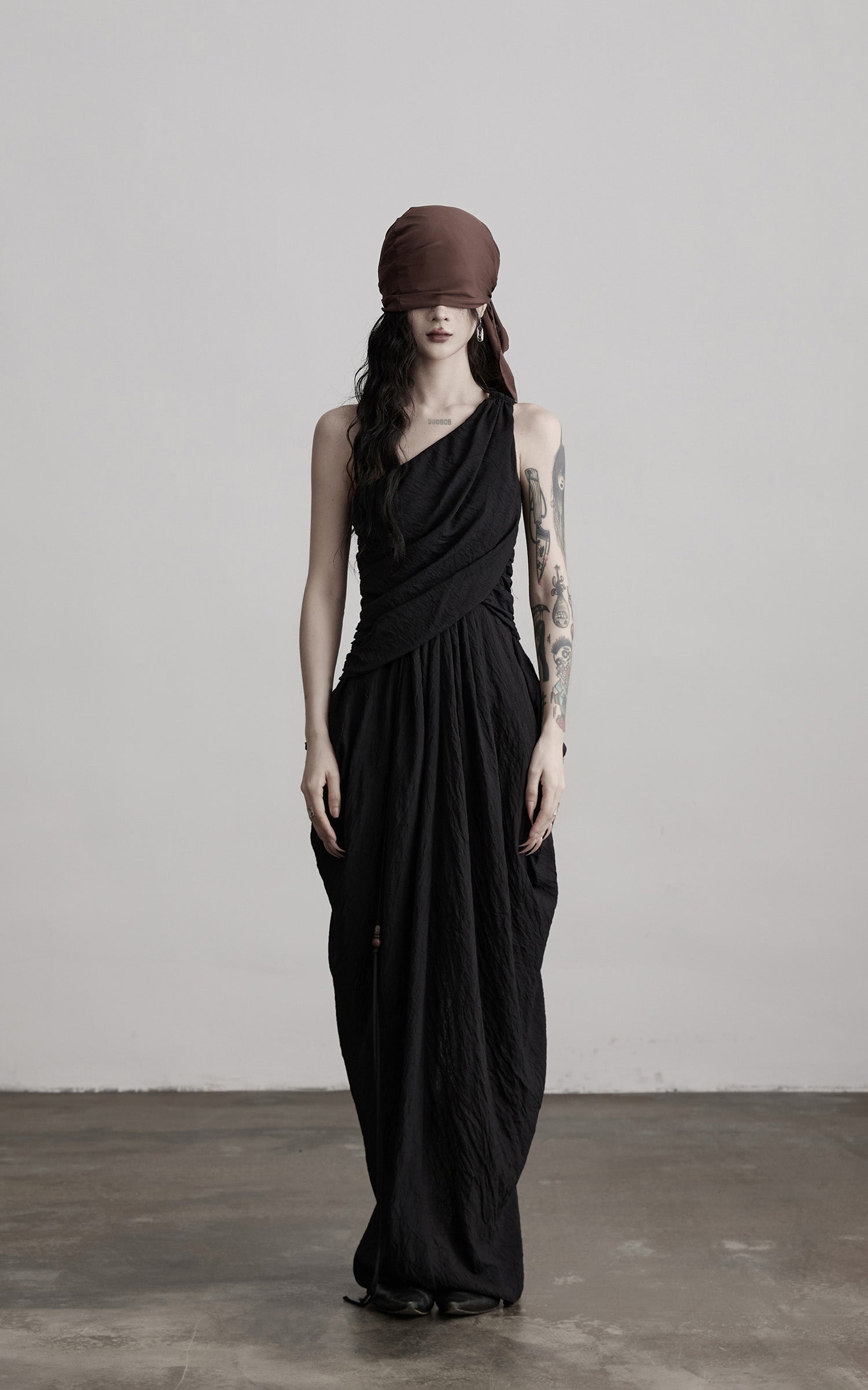 INDULGE Asymmetric Draped Maxi Dress with Textured Fabric and Wooden Bead Detail