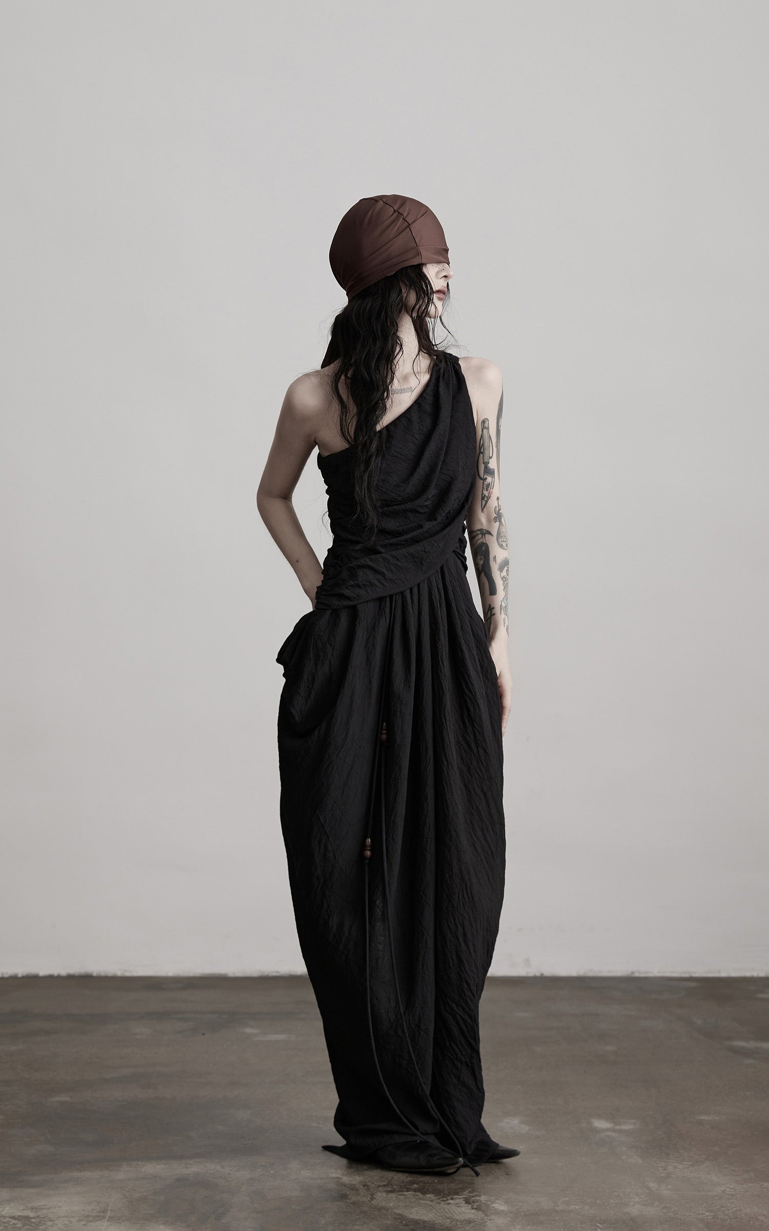 INDULGE Asymmetric Draped Maxi Dress with Textured Fabric and Wooden Bead Detail