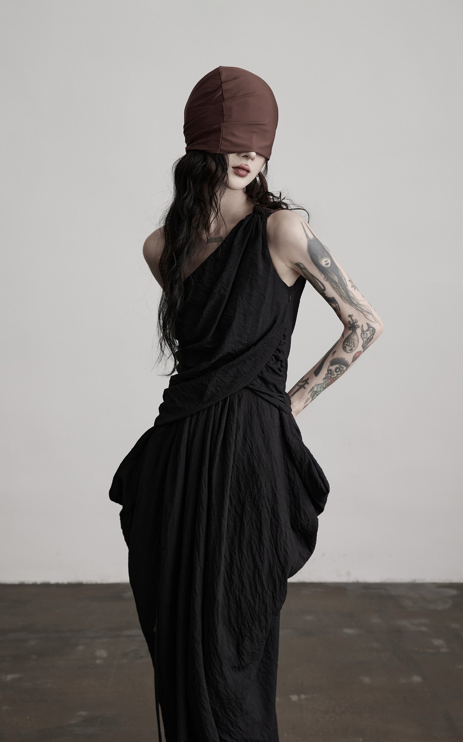 INDULGE Asymmetric Draped Maxi Dress with Textured Fabric and Wooden Bead Detail