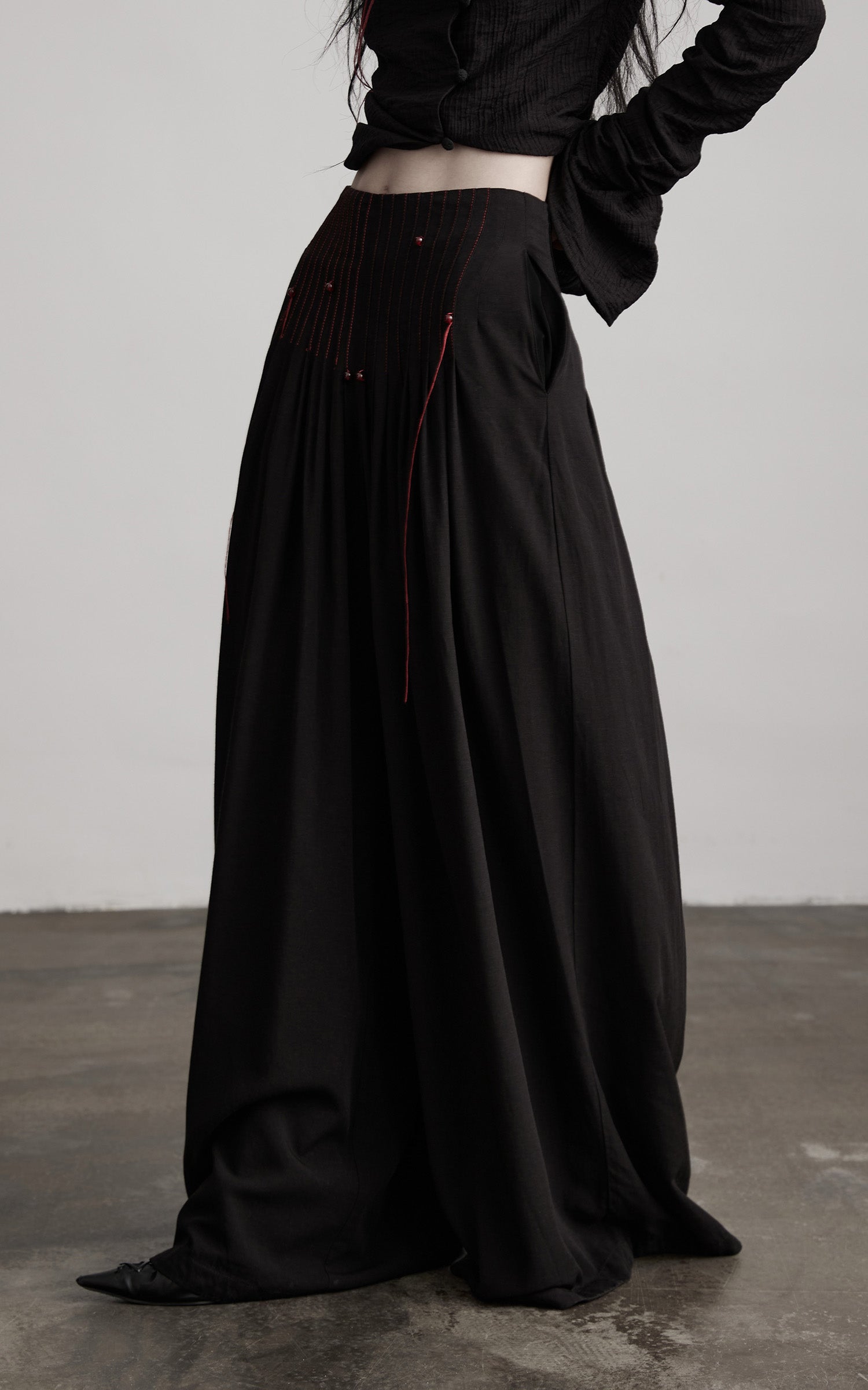 INDULGE Wide-Leg Trousers with Red Stitch Detailing