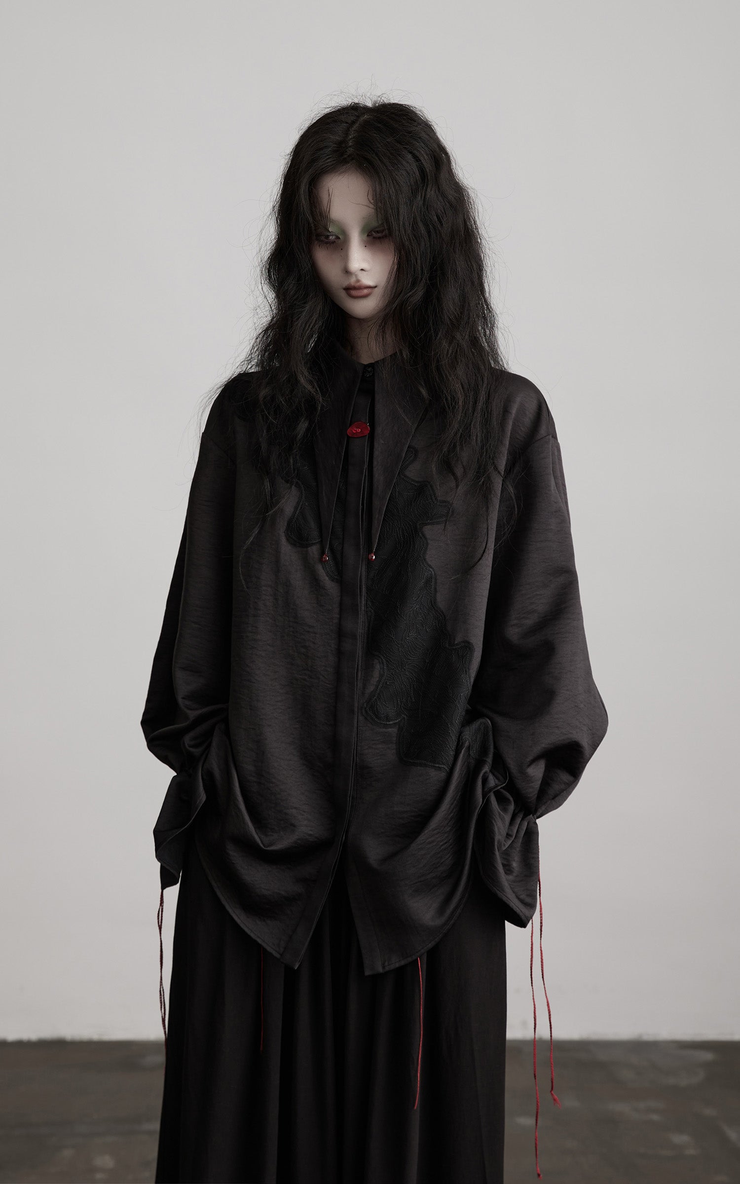 INDULGE Asymmetric Textured Shirt with Drawstring Sleeves and Red Accents