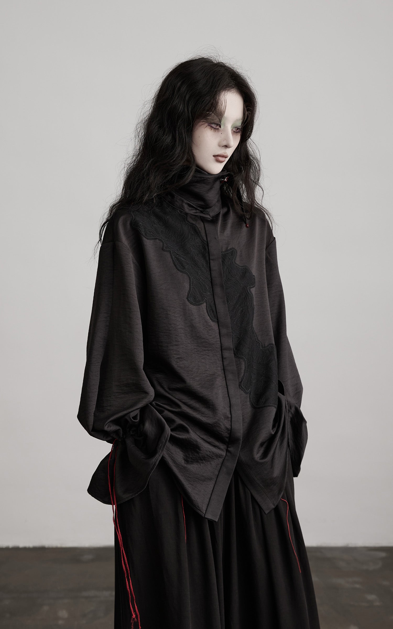INDULGE Asymmetric Textured Shirt with Drawstring Sleeves and Red Accents