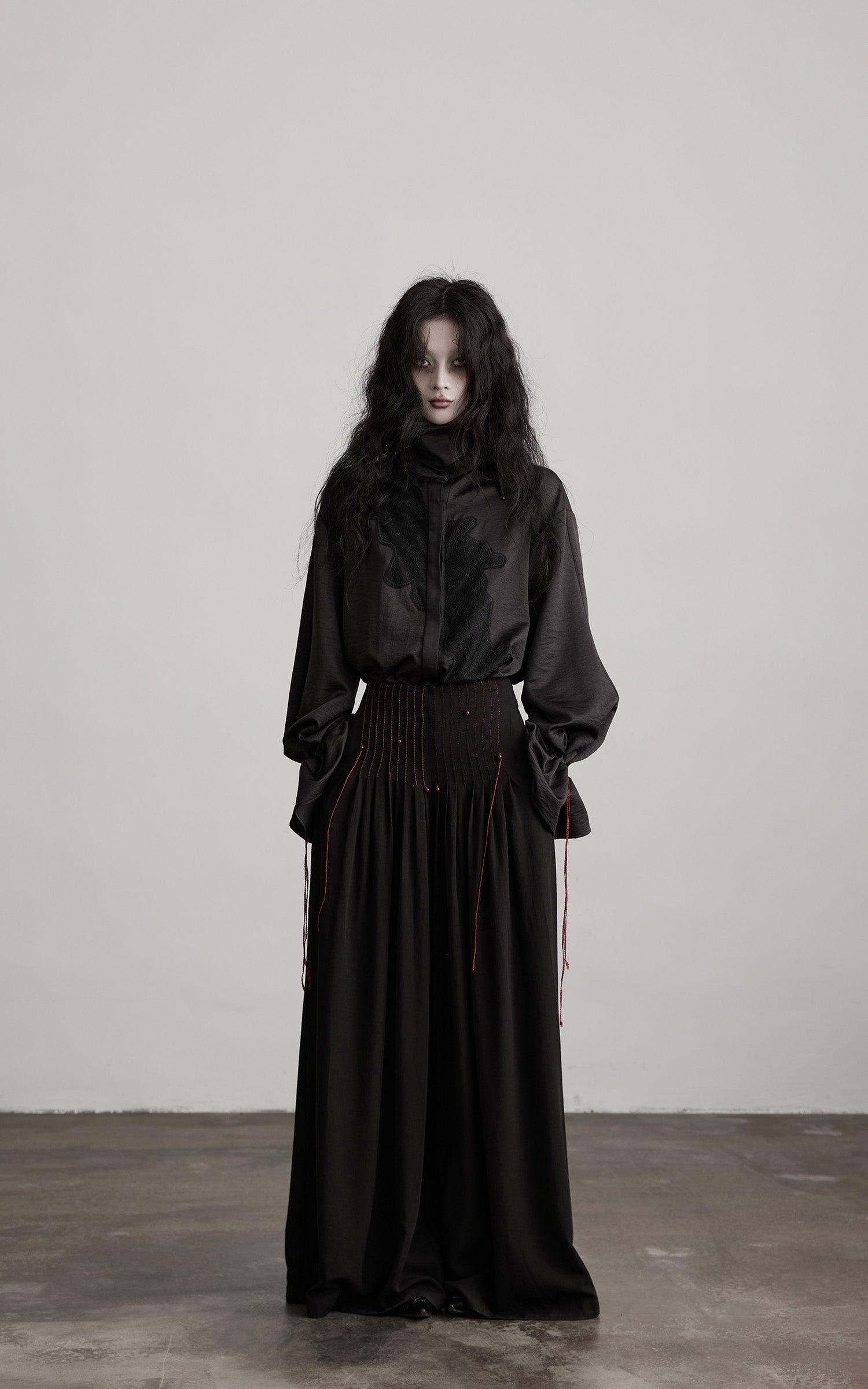 INDULGE Asymmetric Textured Shirt with Drawstring Sleeves and Red Accents