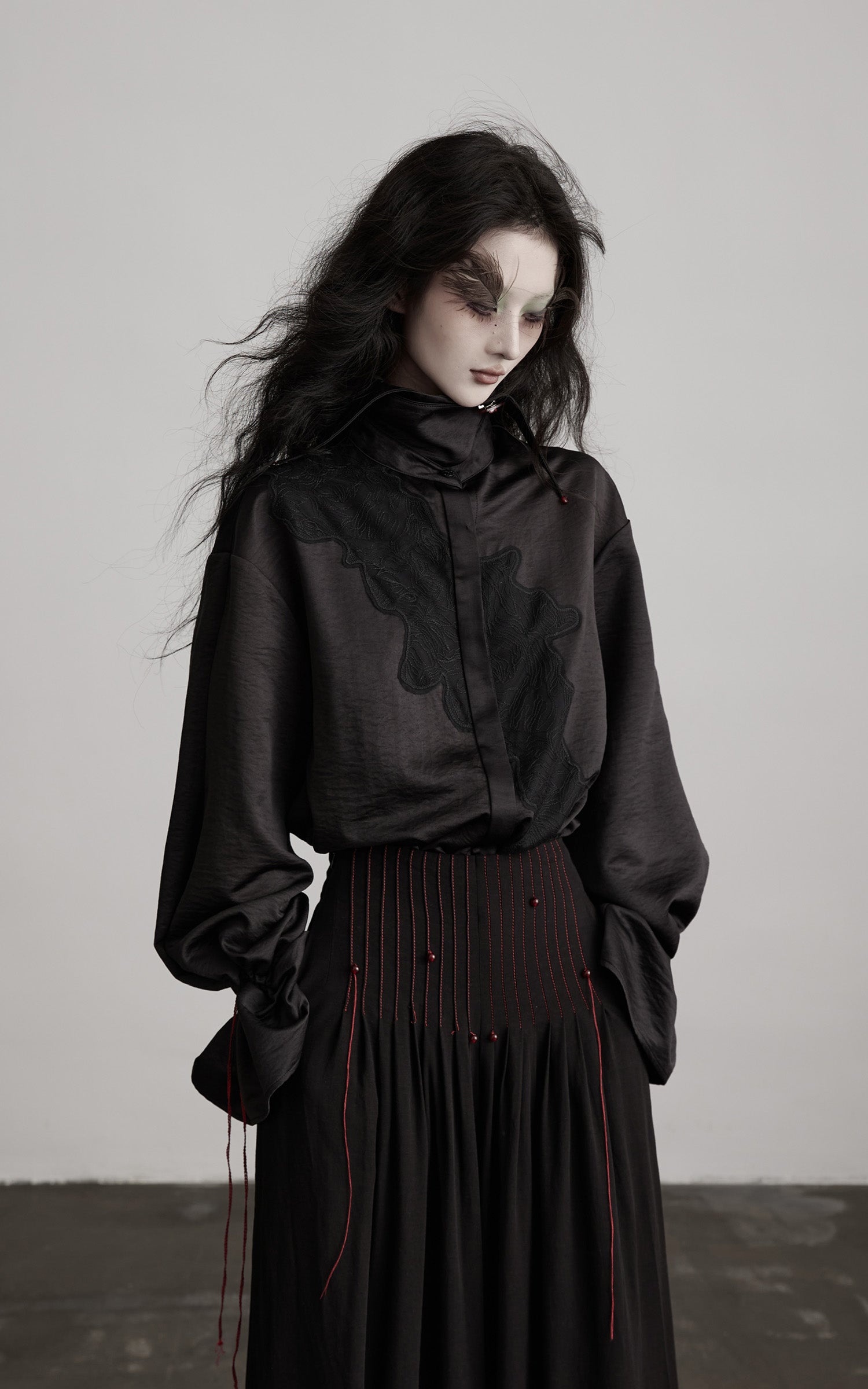 INDULGE Asymmetric Textured Shirt with Drawstring Sleeves and Red Accents