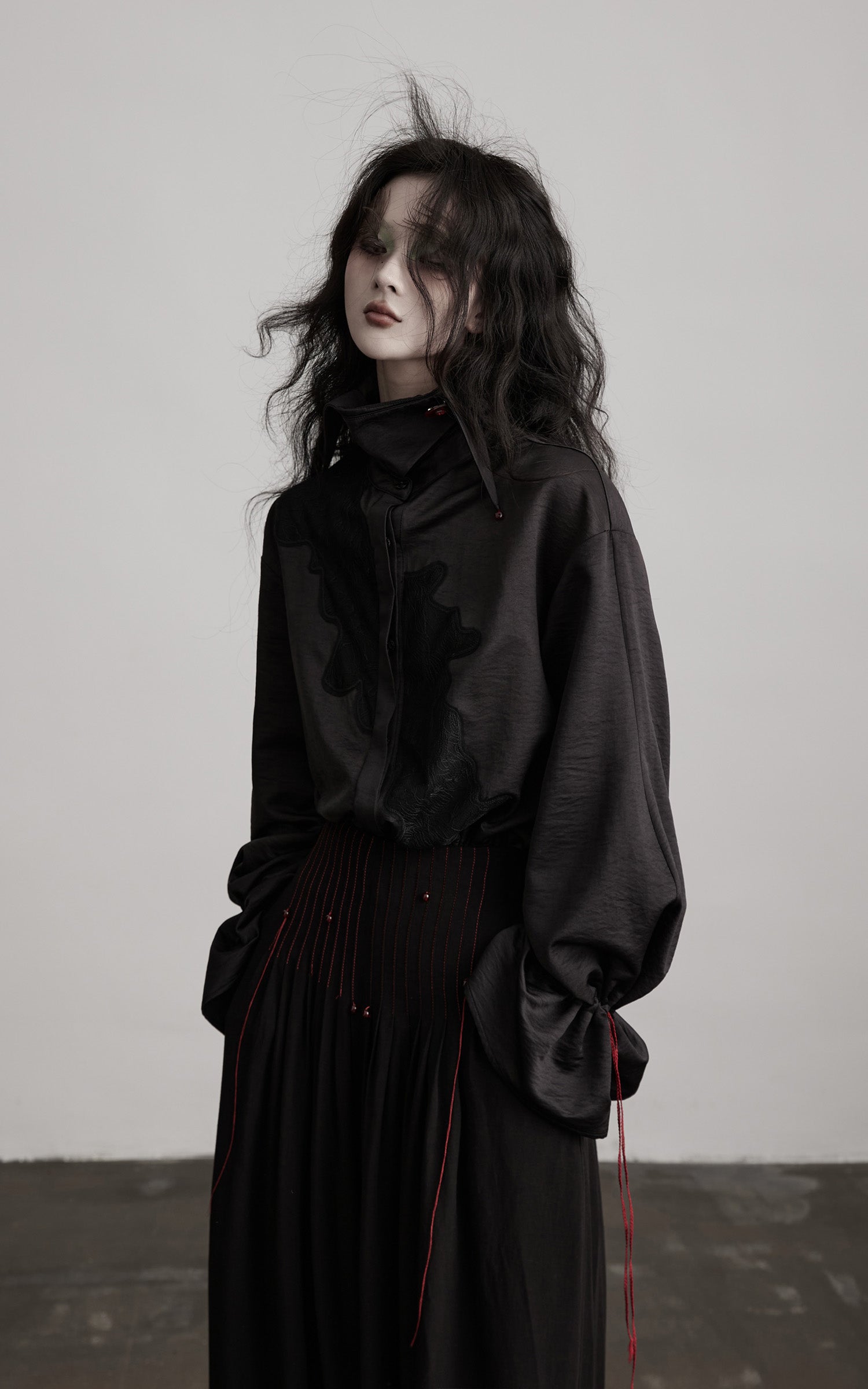 INDULGE Asymmetric Textured Shirt with Drawstring Sleeves and Red Accents