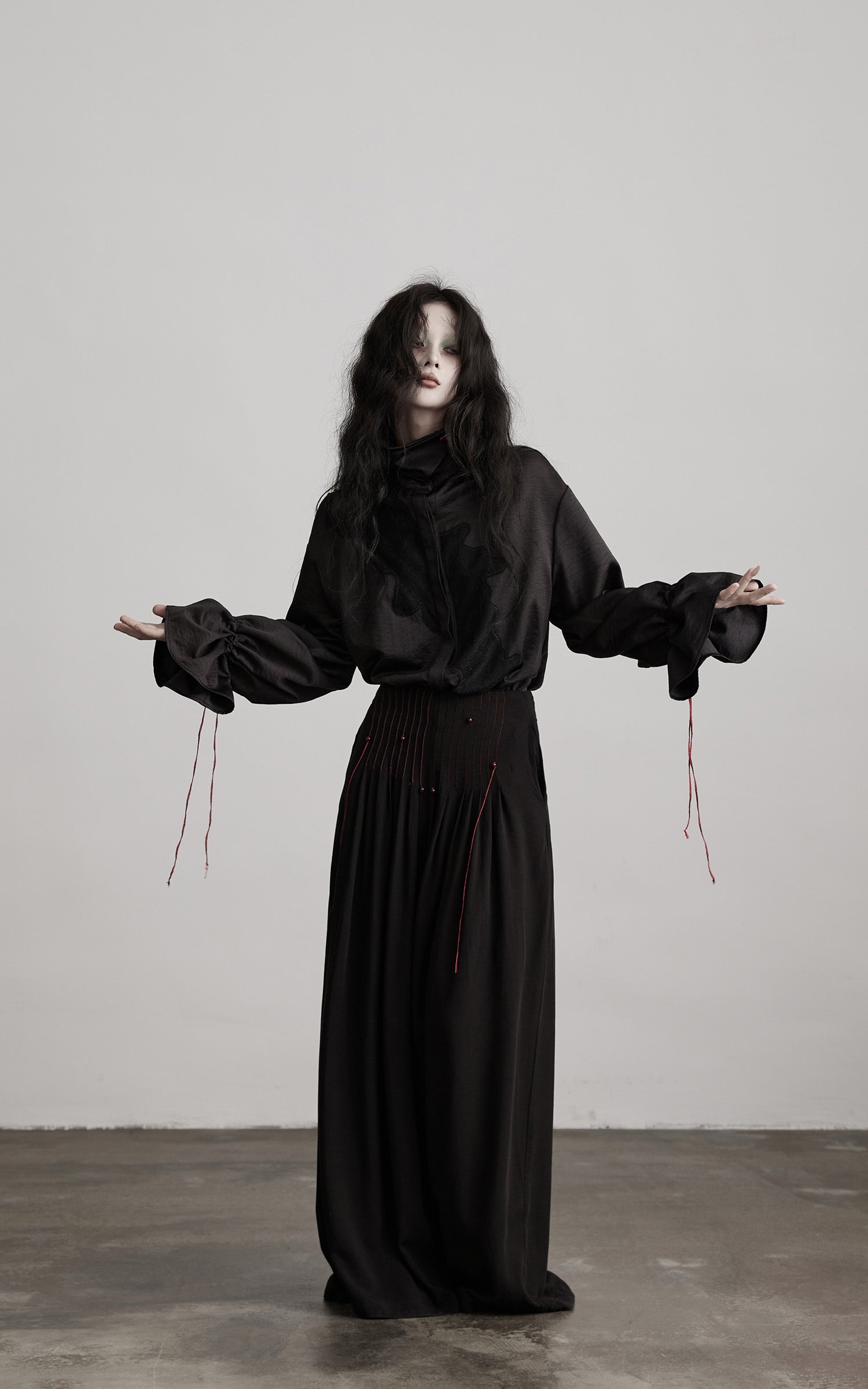INDULGE Asymmetric Textured Shirt with Drawstring Sleeves and Red Accents