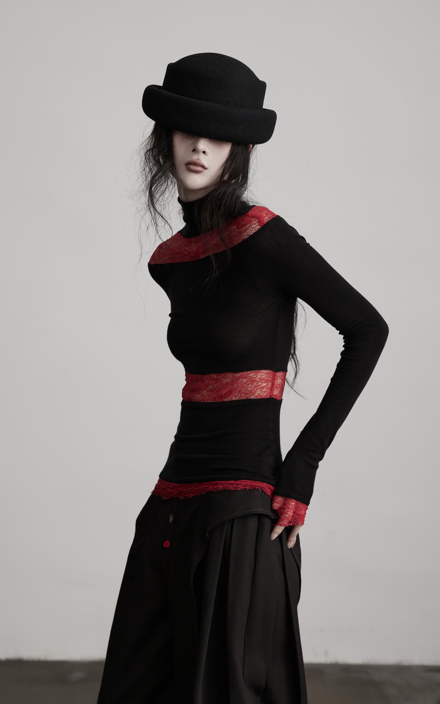 INDULGE Sheer Lace Paneled Long Sleeve Top