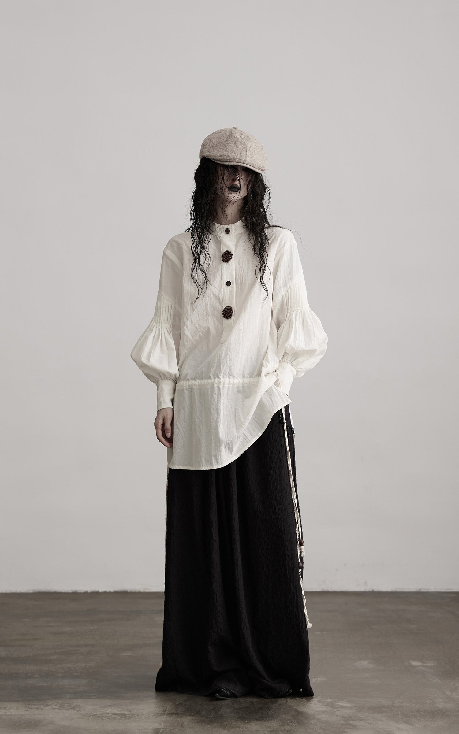INDULGE Oversized Textured Cotton Shirt with Beaded Button Accents and Drawstring Hem