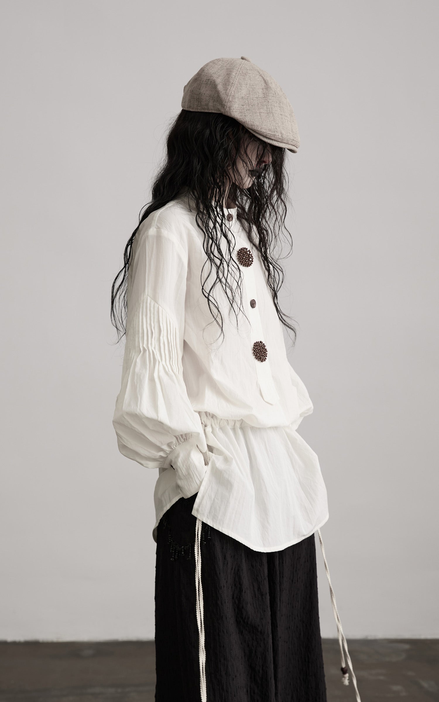 INDULGE Oversized Textured Cotton Shirt with Beaded Button Accents and Drawstring Hem
