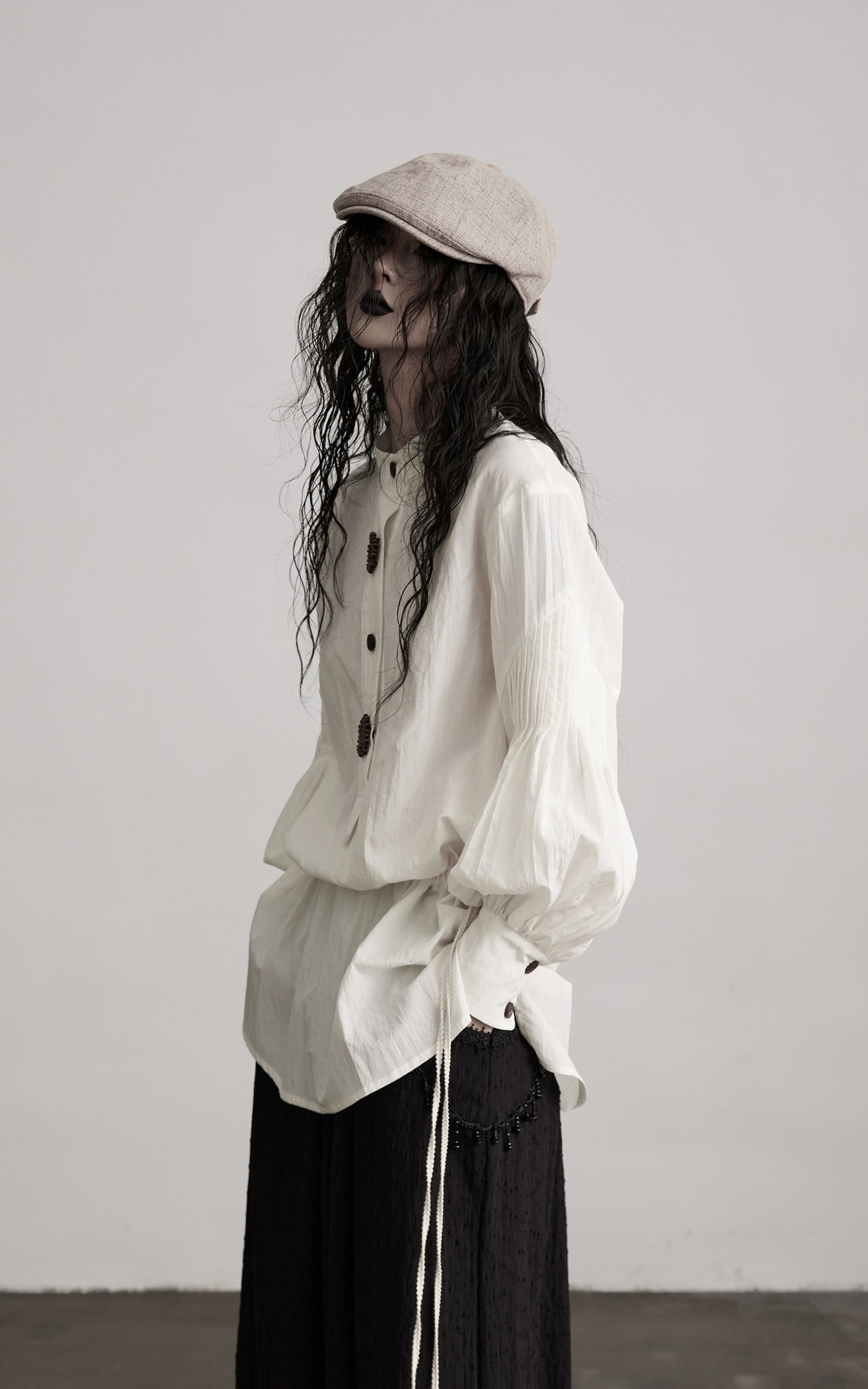 INDULGE Oversized Textured Cotton Shirt with Beaded Button Accents and Drawstring Hem