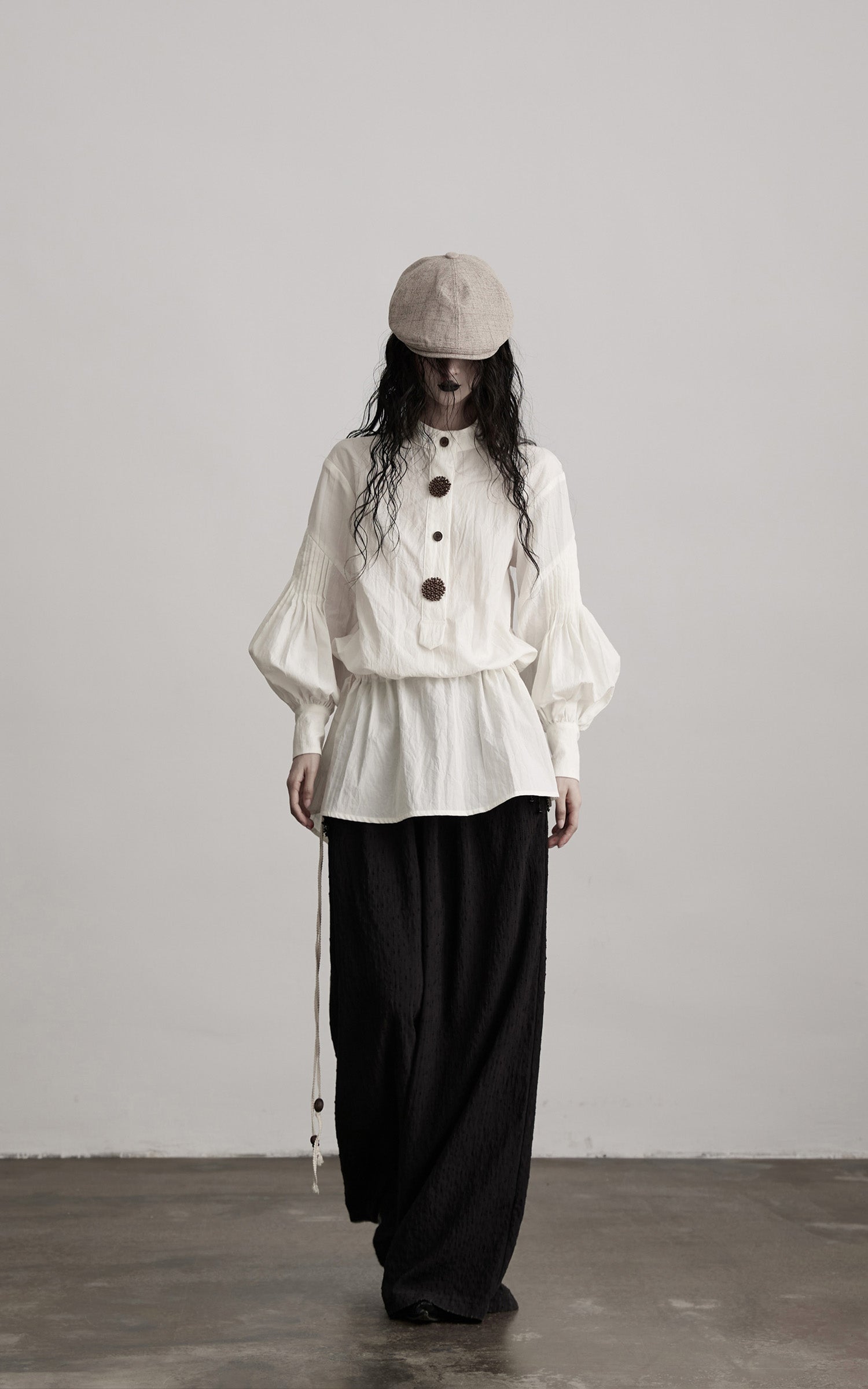 INDULGE Oversized Textured Cotton Shirt with Beaded Button Accents and Drawstring Hem