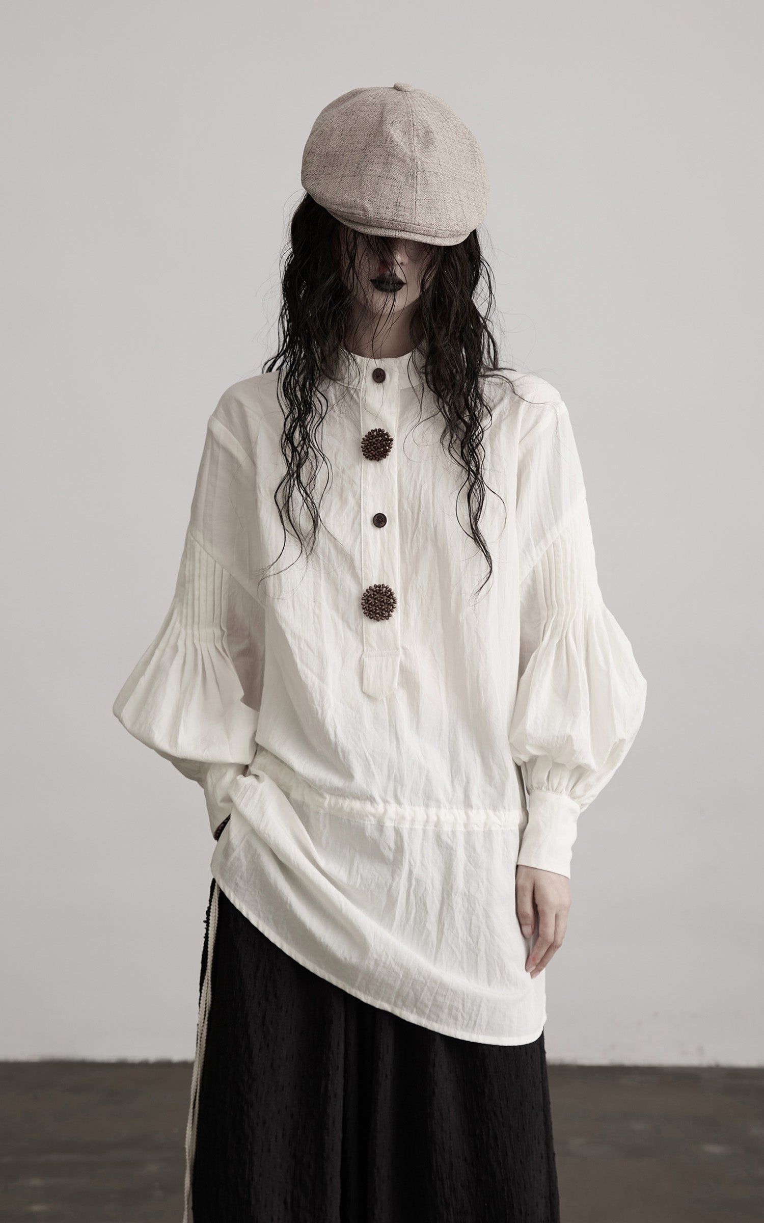 INDULGE Oversized Textured Cotton Shirt with Beaded Button Accents and Drawstring Hem