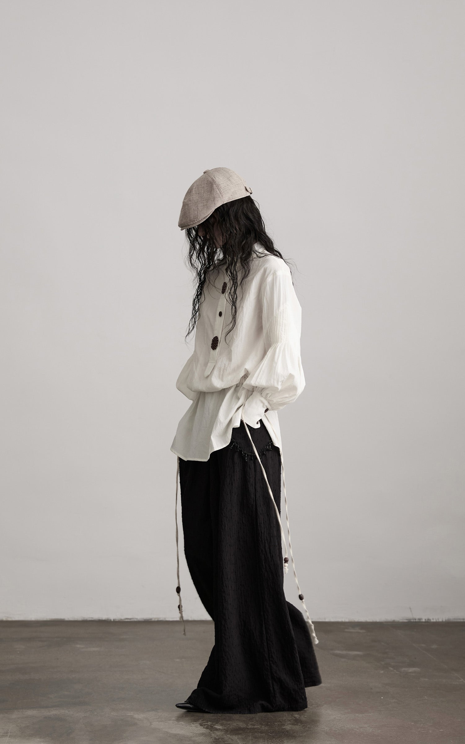 INDULGE Oversized Textured Cotton Shirt with Beaded Button Accents and Drawstring Hem