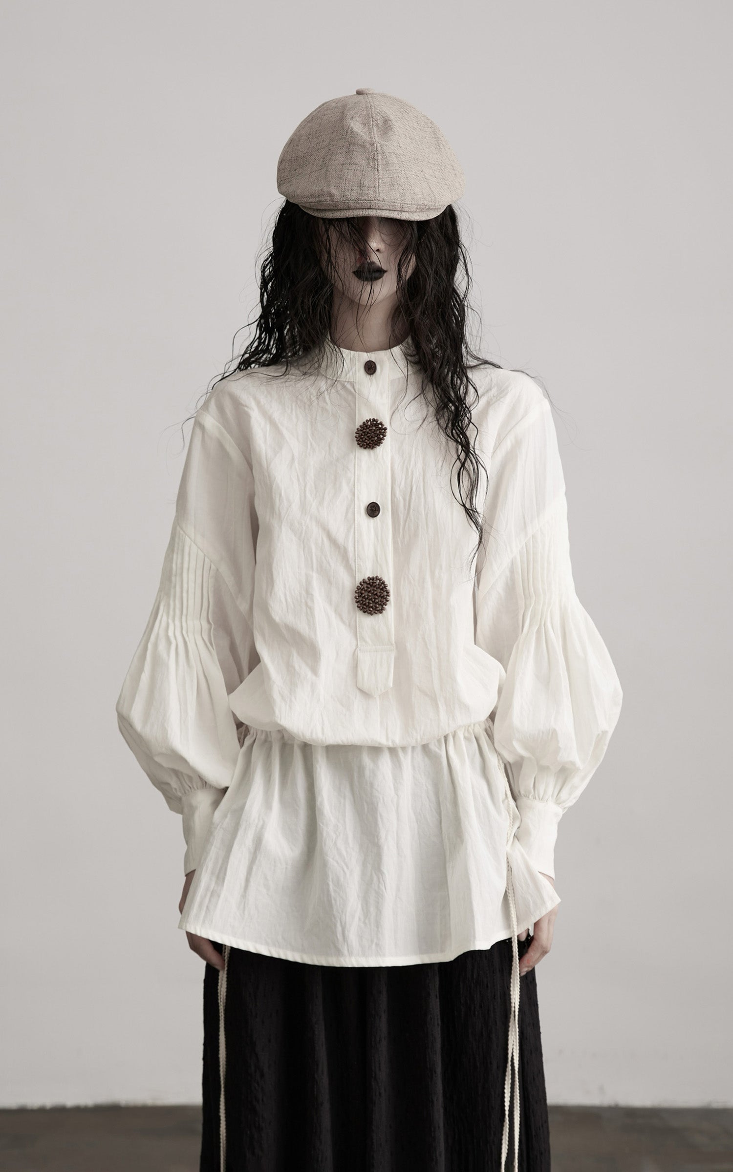 INDULGE Oversized Textured Cotton Shirt with Beaded Button Accents and Drawstring Hem