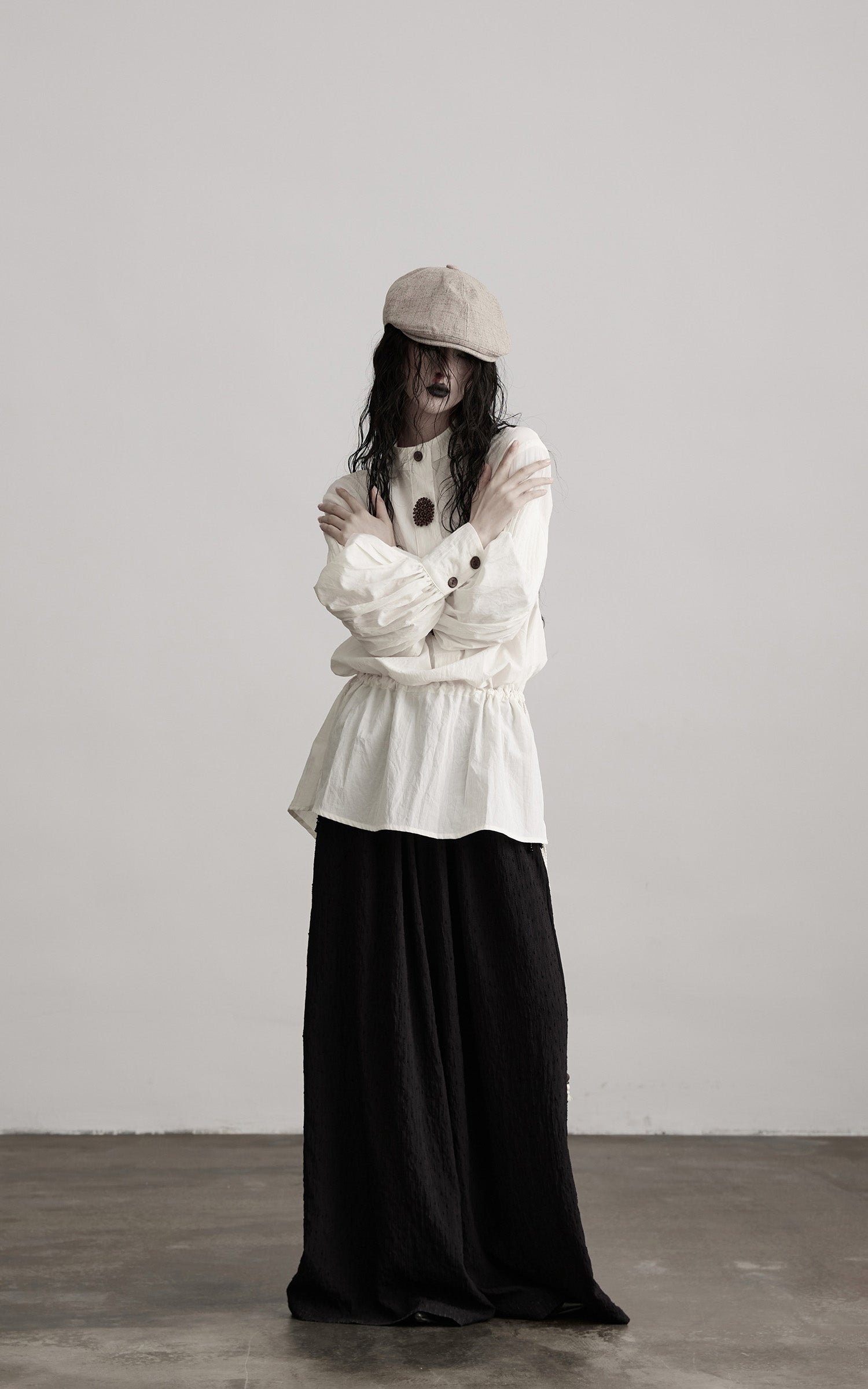 INDULGE Oversized Textured Cotton Shirt with Beaded Button Accents and Drawstring Hem