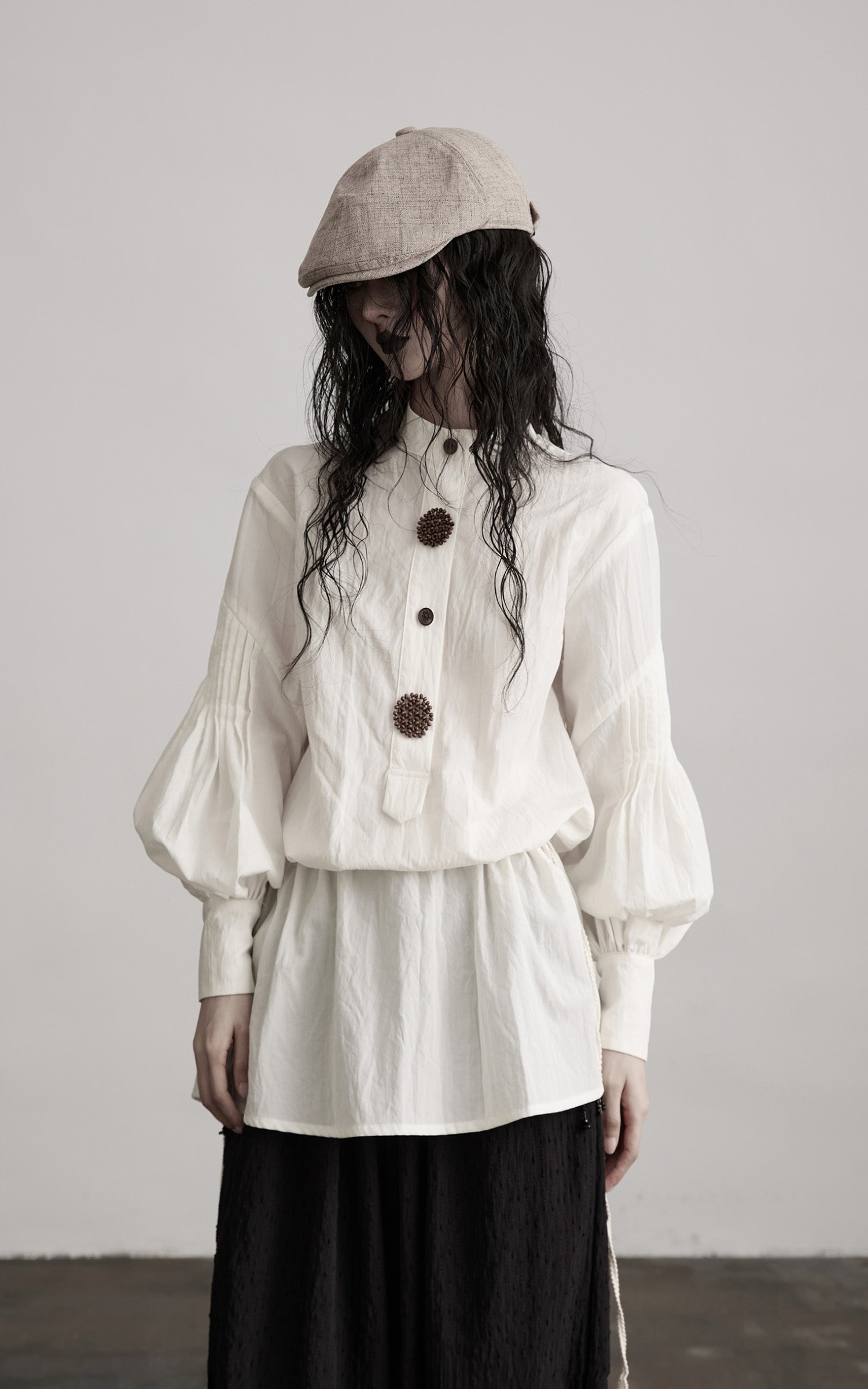 INDULGE Oversized Textured Cotton Shirt with Beaded Button Accents and Drawstring Hem