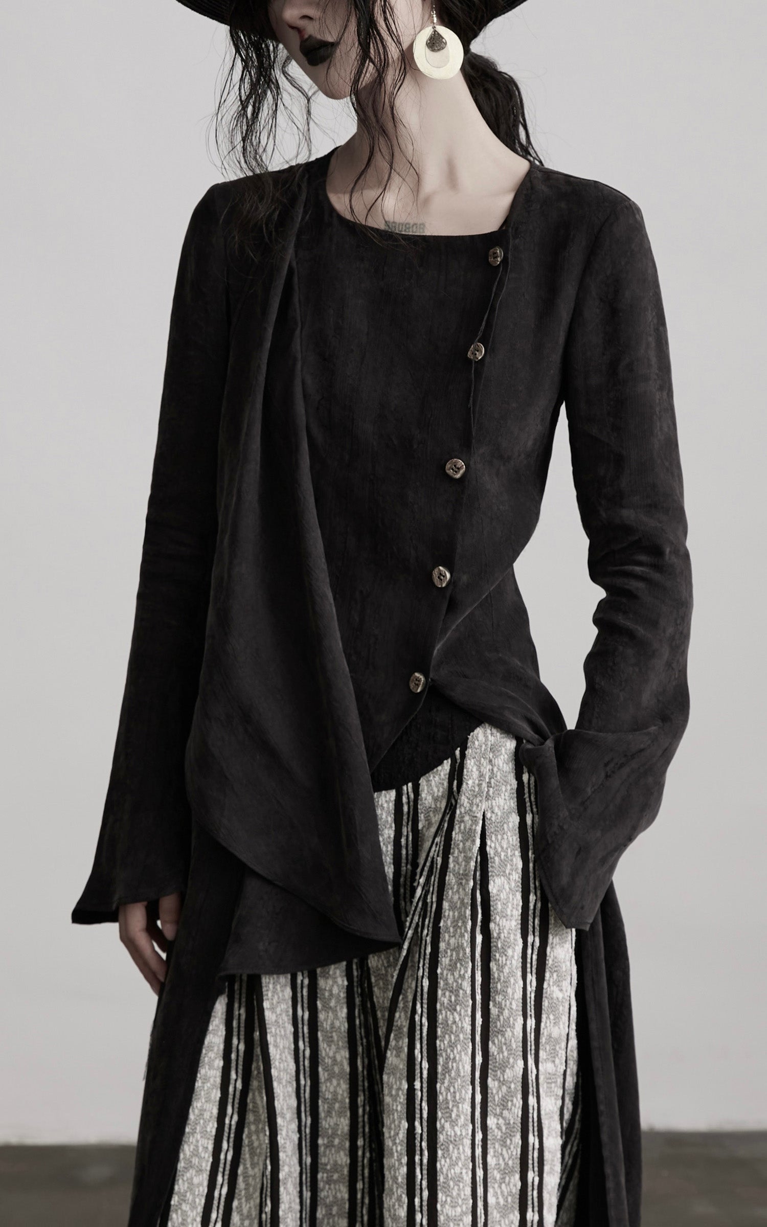 INDULGE Asymmetric Long Shirt Draped Textured Layer Deconstructed Minimal Design