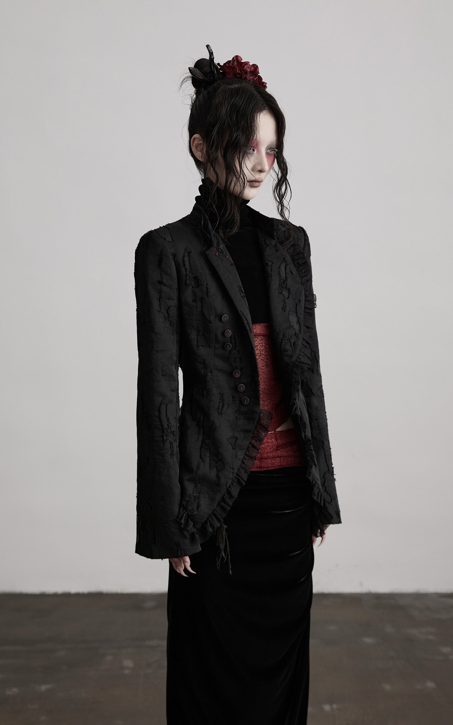 INDULGE Textured Asymmetric Blazer with Ruffled Edge and Fitted Silhouette
