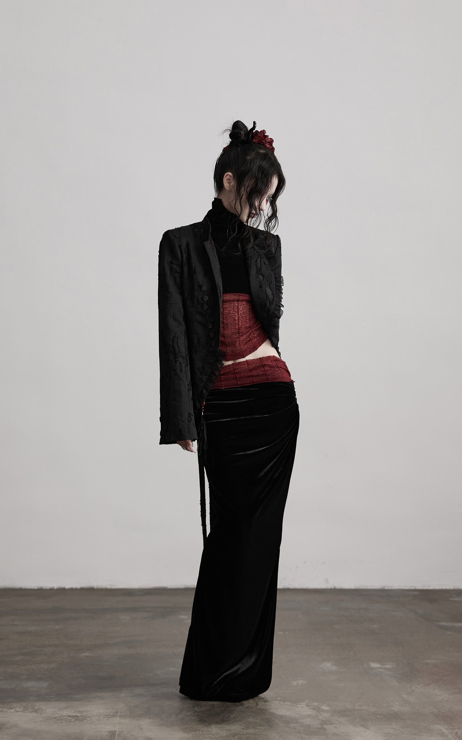 INDULGE Textured Asymmetric Blazer with Ruffled Edge and Fitted Silhouette