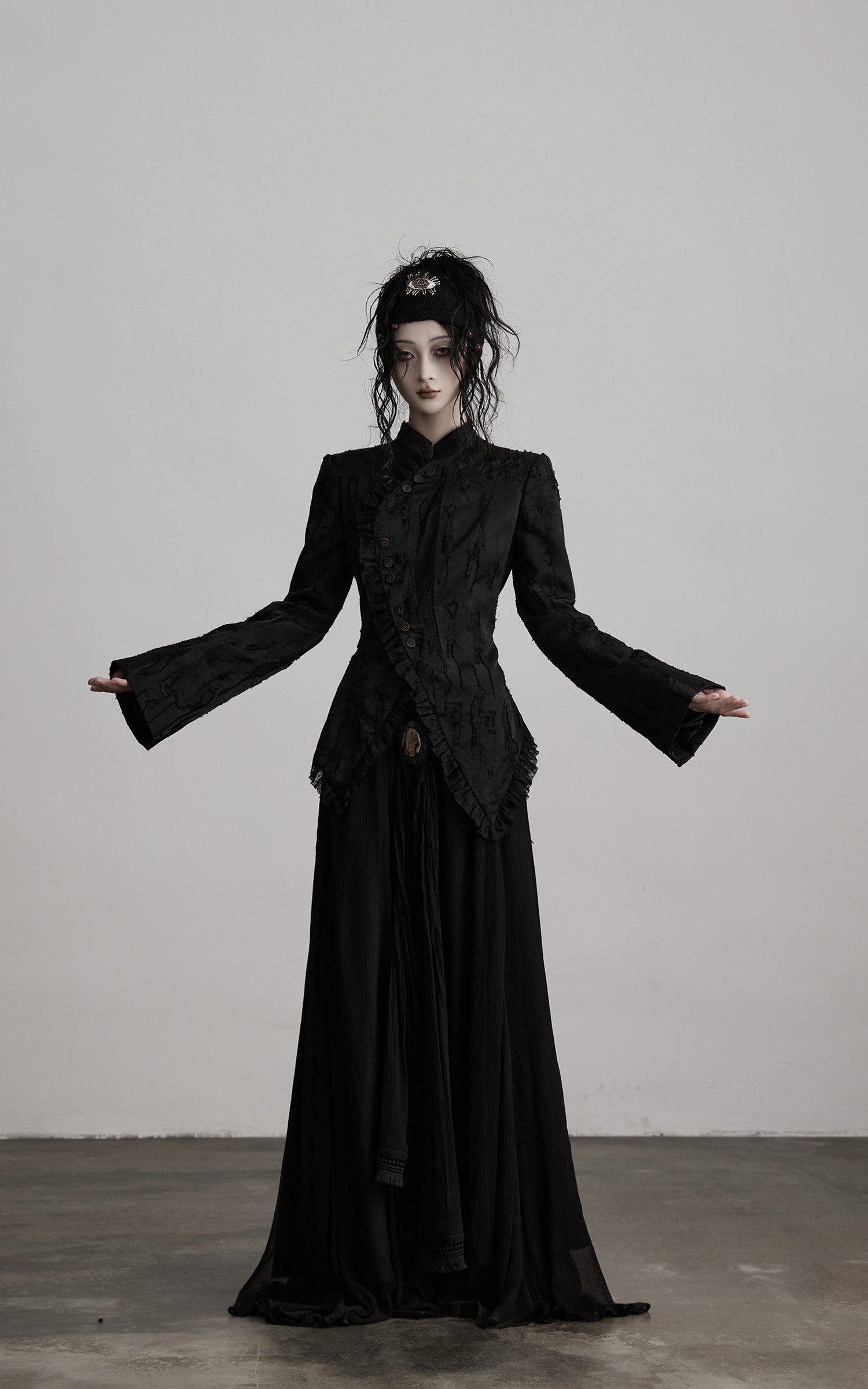 INDULGE Textured Asymmetric Blazer with Ruffled Edge and Fitted Silhouette