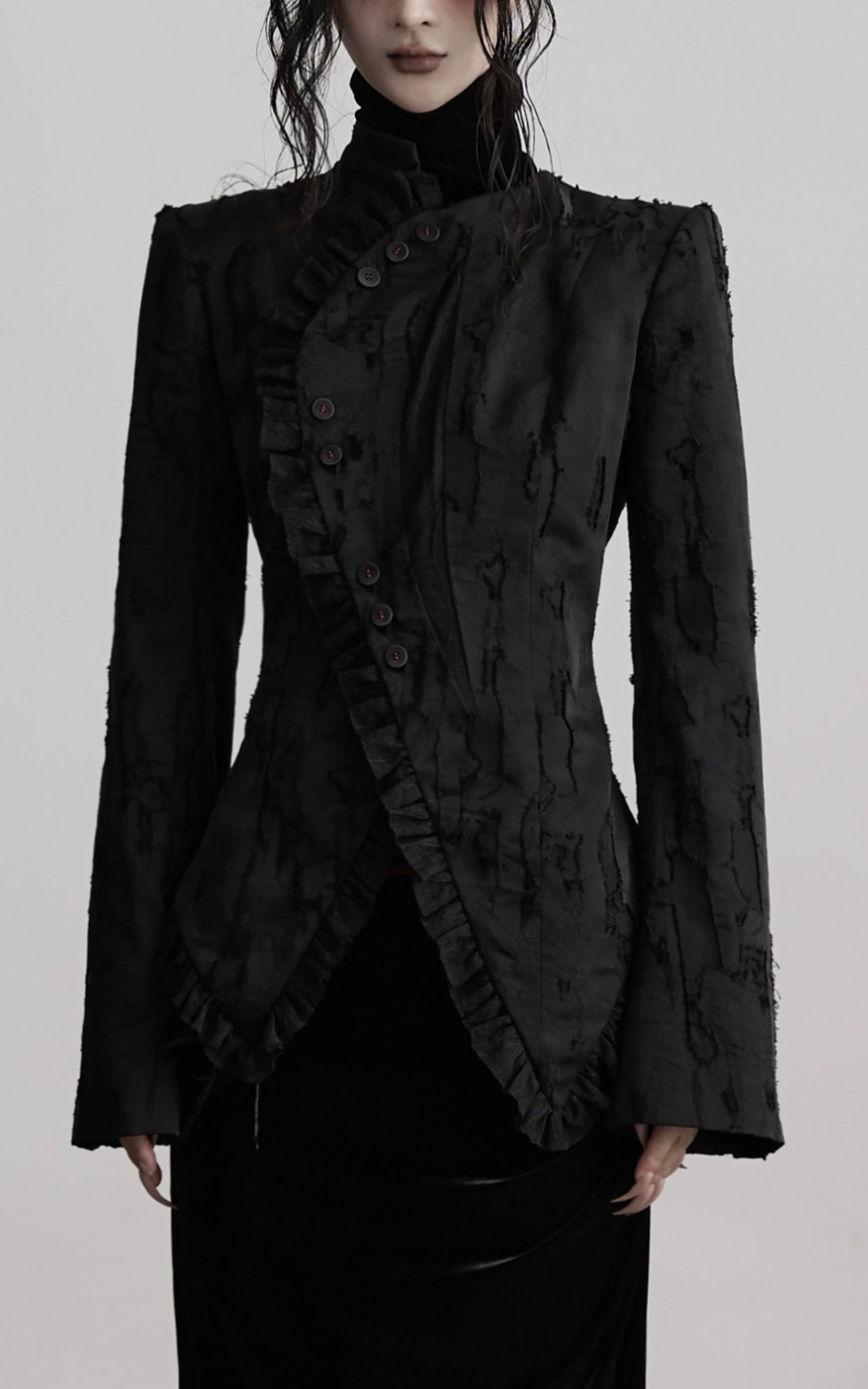 INDULGE Textured Asymmetric Blazer with Ruffled Edge and Fitted Silhouette