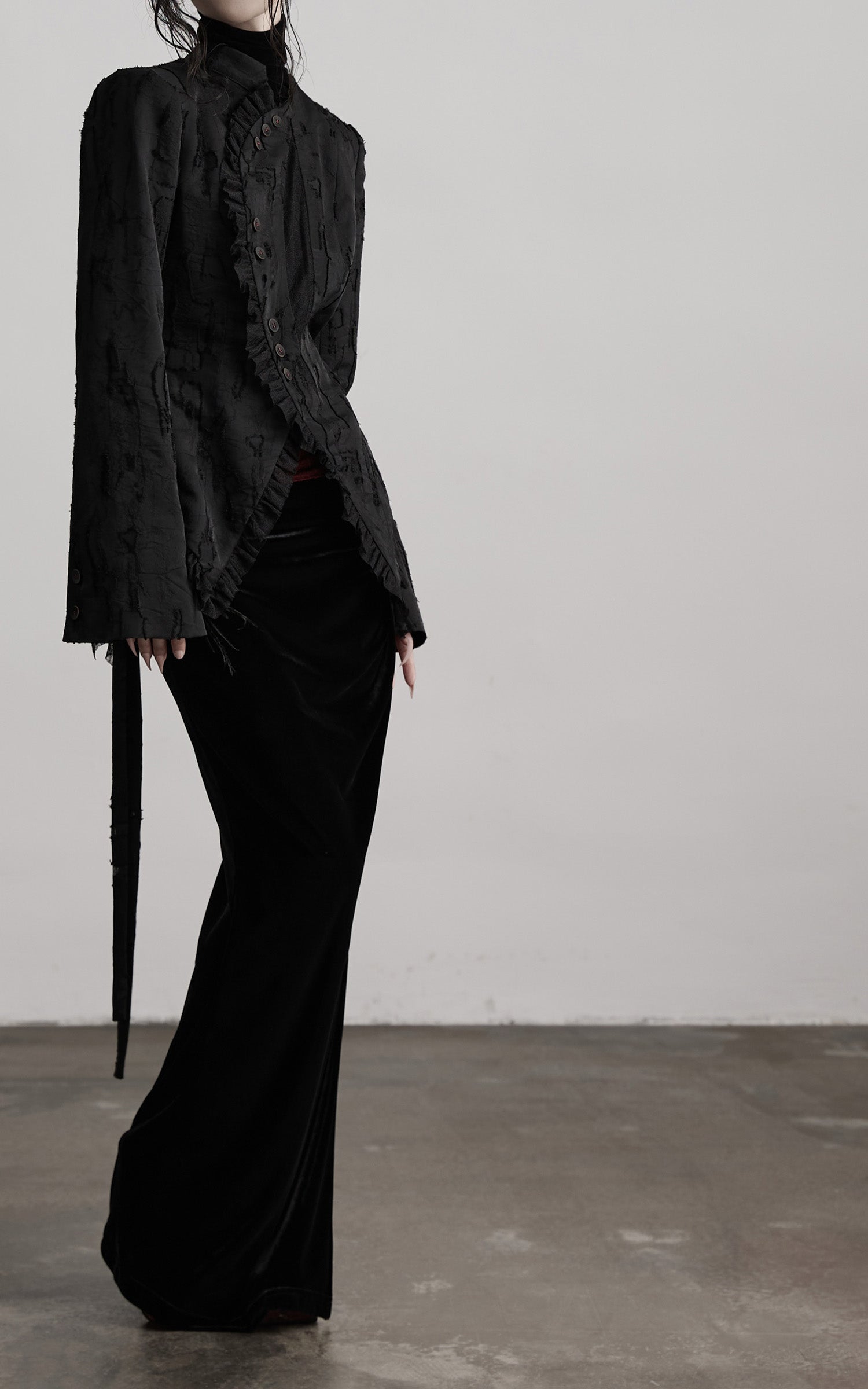 INDULGE Textured Asymmetric Blazer with Ruffled Edge and Fitted Silhouette