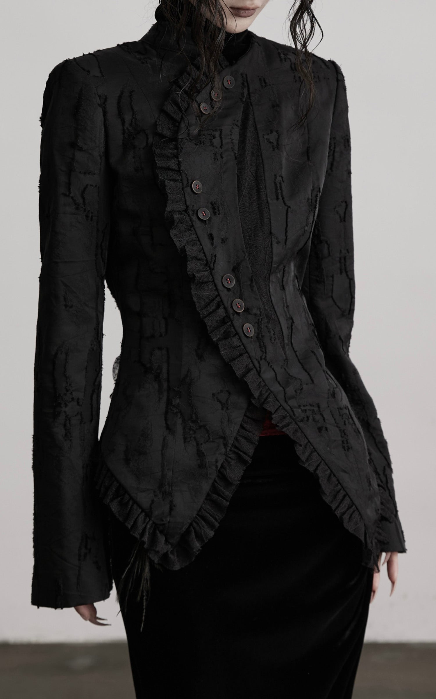INDULGE Textured Asymmetric Blazer with Ruffled Edge and Fitted Silhouette
