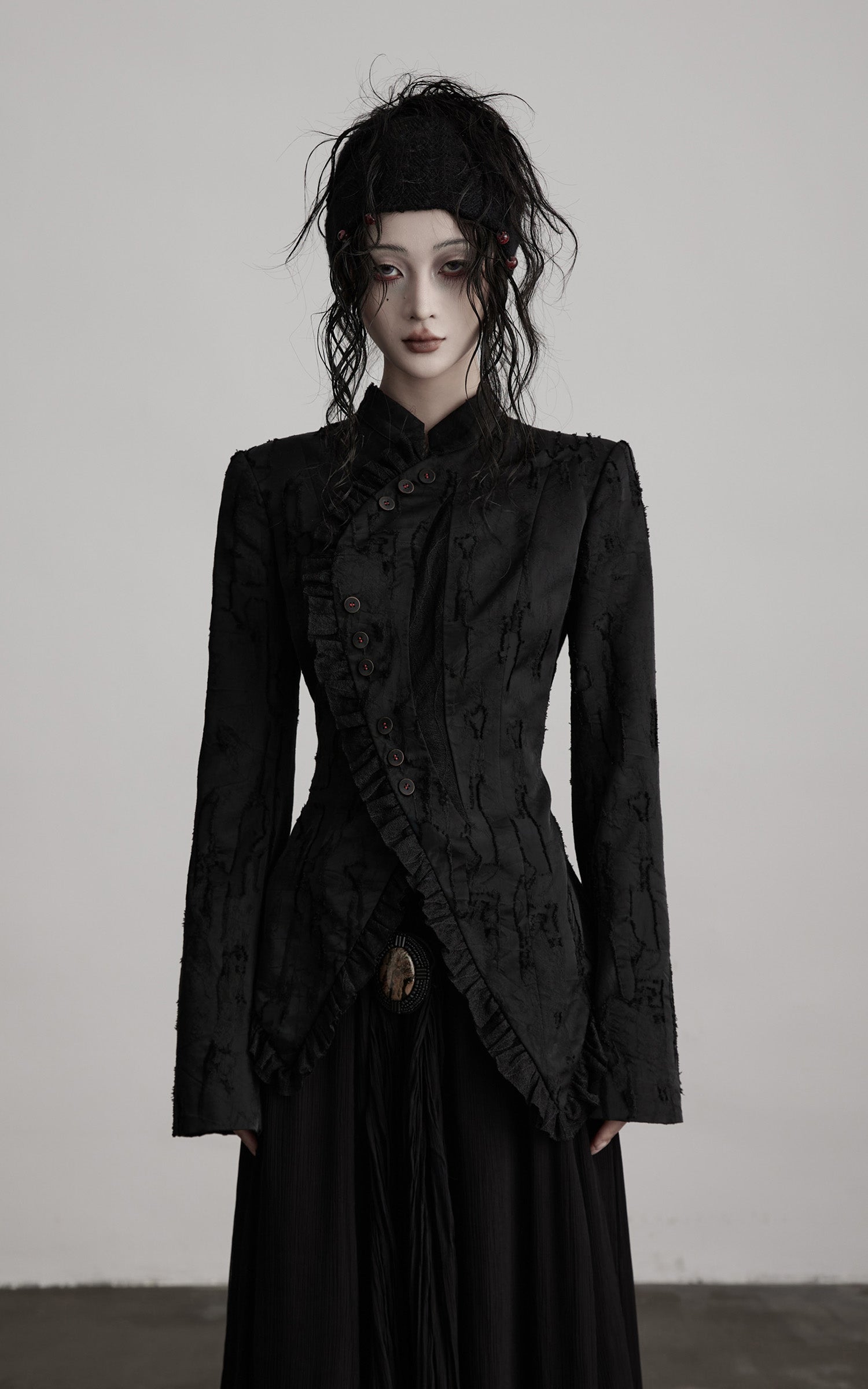 INDULGE Textured Asymmetric Blazer with Ruffled Edge and Fitted Silhouette