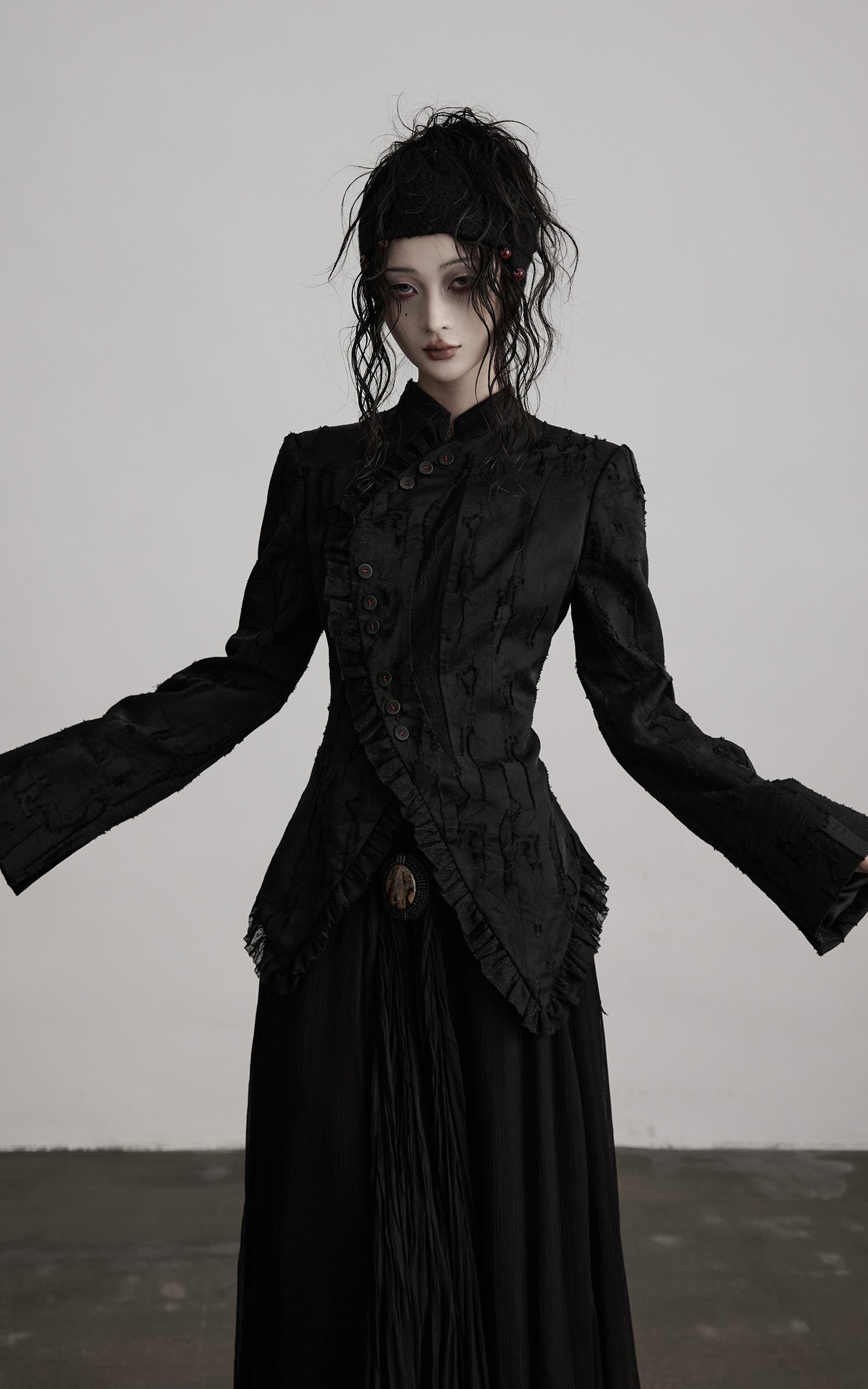 INDULGE Textured Asymmetric Blazer with Ruffled Edge and Fitted Silhouette