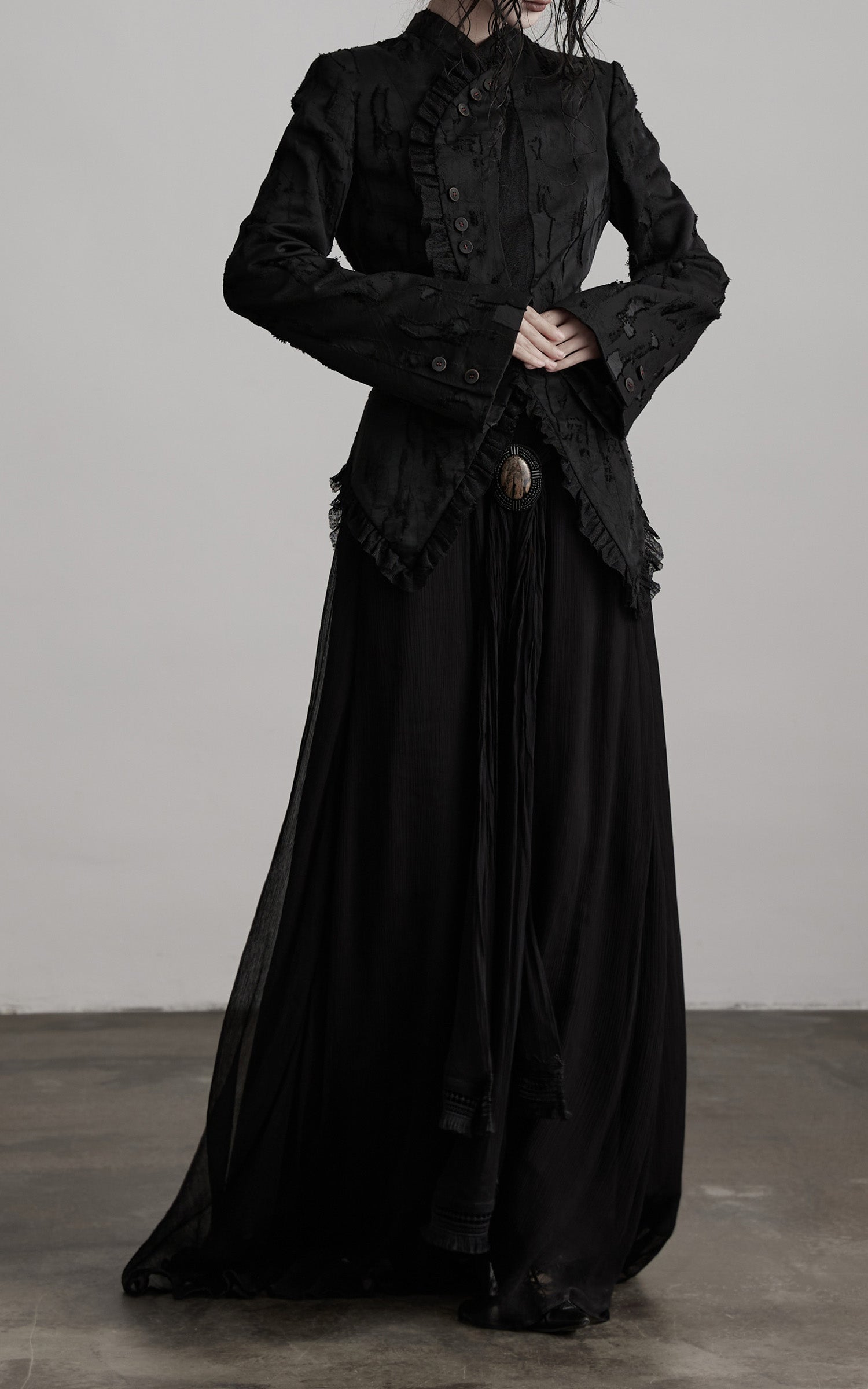 INDULGE Textured Asymmetric Blazer with Ruffled Edge and Fitted Silhouette