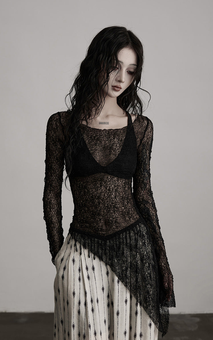 INDULGE Sheer Lace Long Sleeve Top with Asymmetric Hem