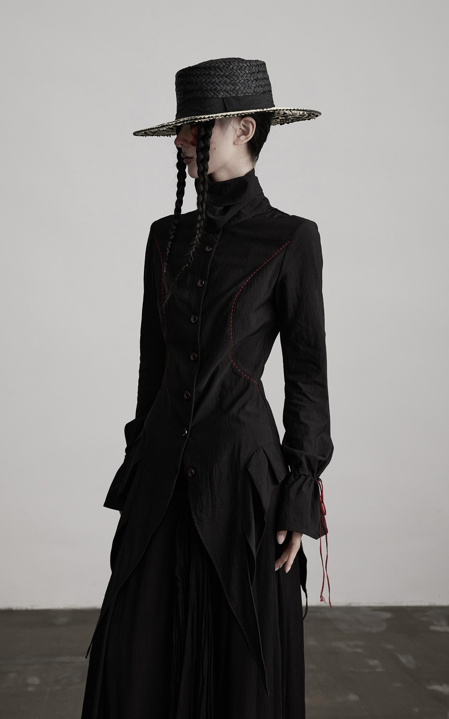 INDULGE Asymmetric Hem Shirt with Red Stitch Detail
