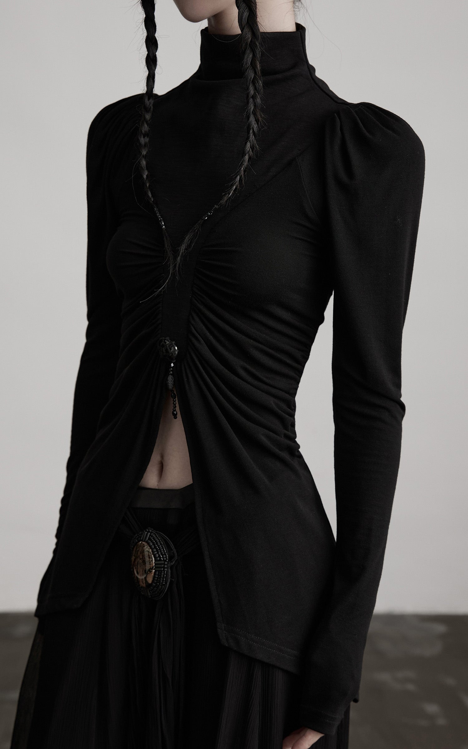 INDULGE High Neck Ruched Long Sleeve Top with Draped Front Detail