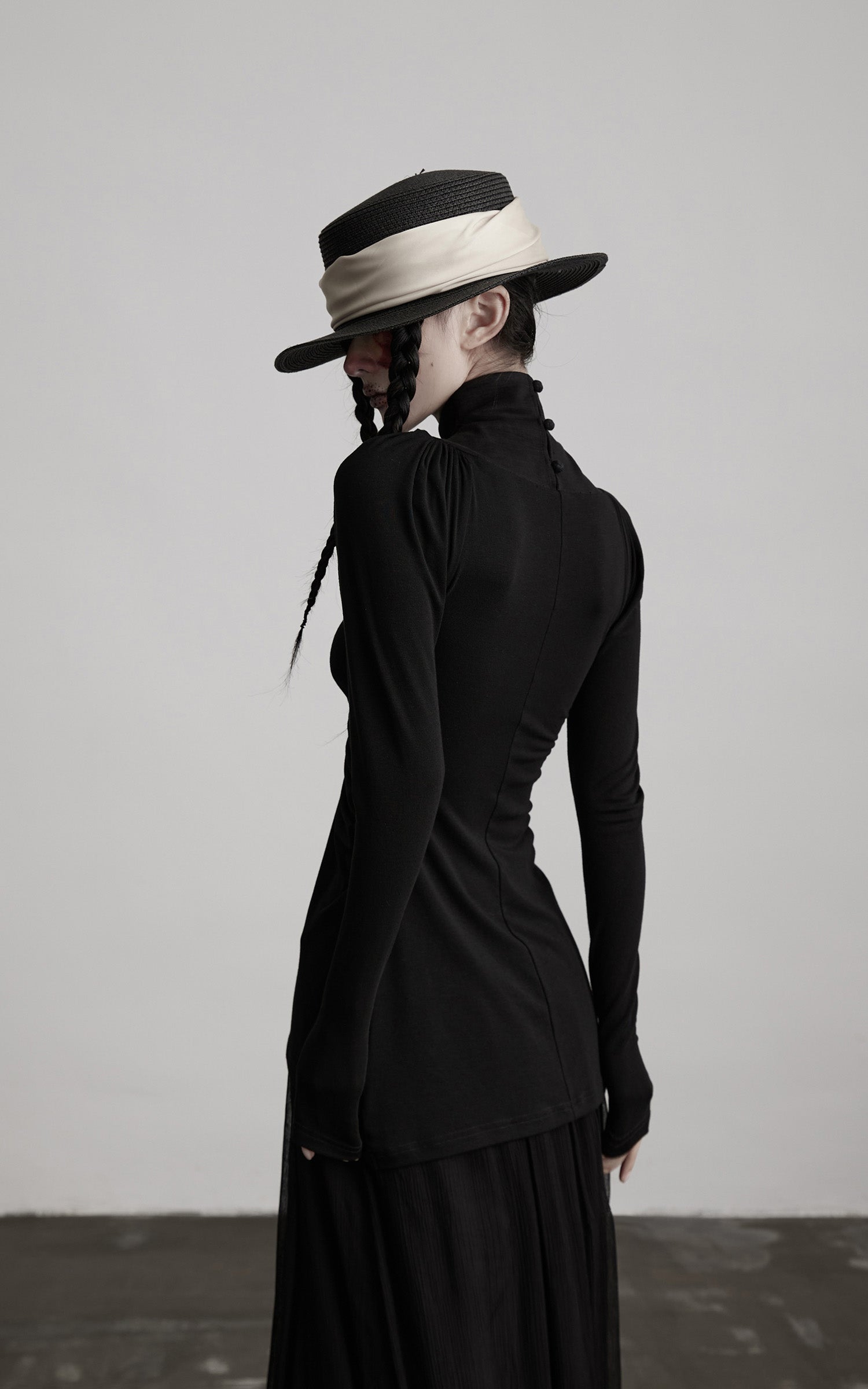 INDULGE High Neck Ruched Long Sleeve Top with Draped Front Detail