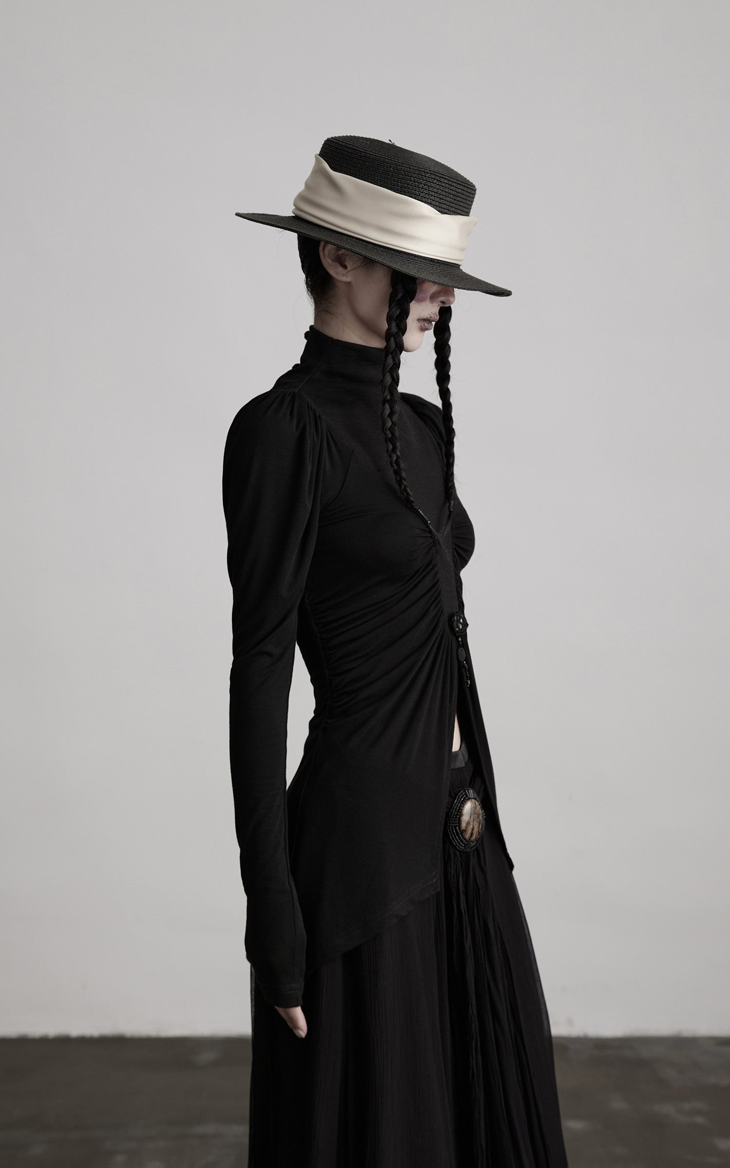 INDULGE High Neck Ruched Long Sleeve Top with Draped Front Detail