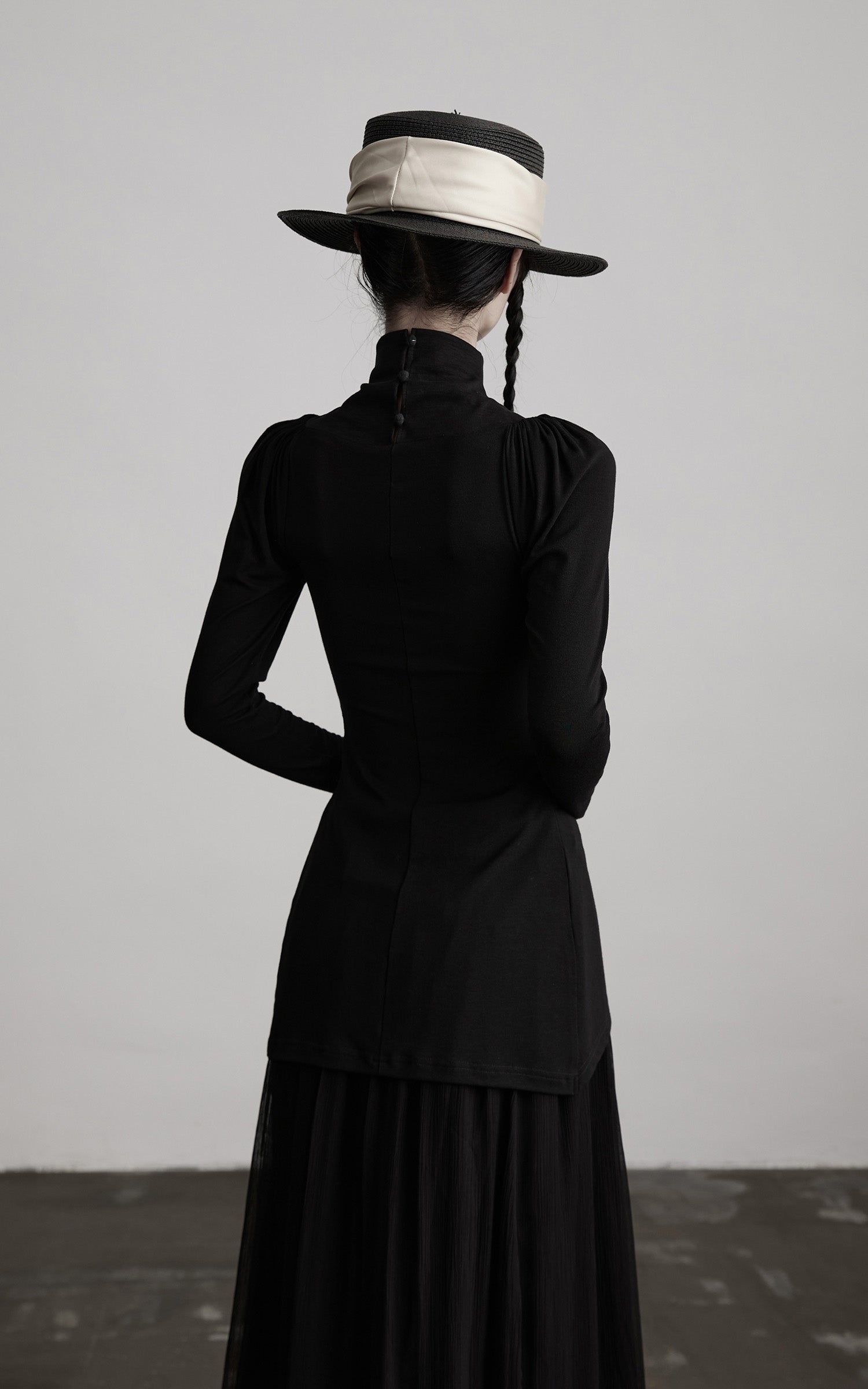 INDULGE High Neck Ruched Long Sleeve Top with Draped Front Detail