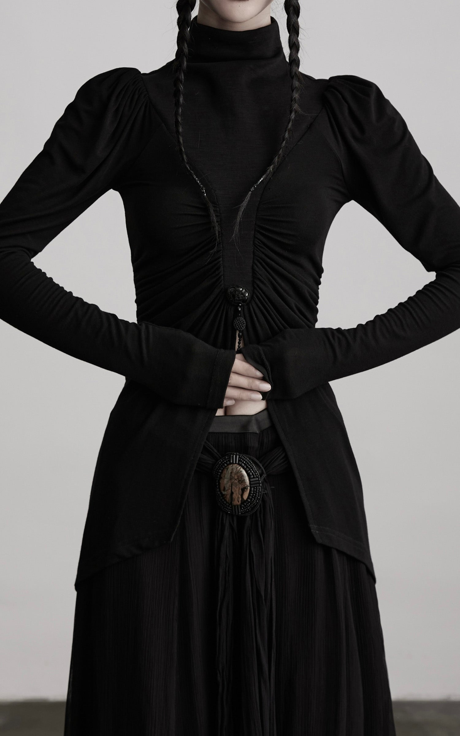 INDULGE High Neck Ruched Long Sleeve Top with Draped Front Detail