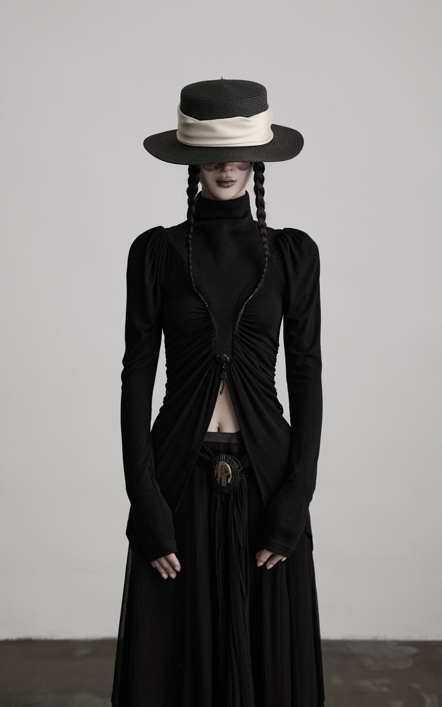 INDULGE High Neck Ruched Long Sleeve Top with Draped Front Detail