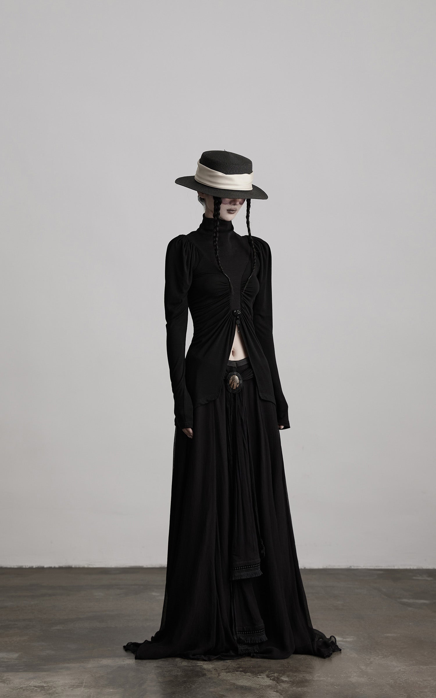 INDULGE High Neck Ruched Long Sleeve Top with Draped Front Detail