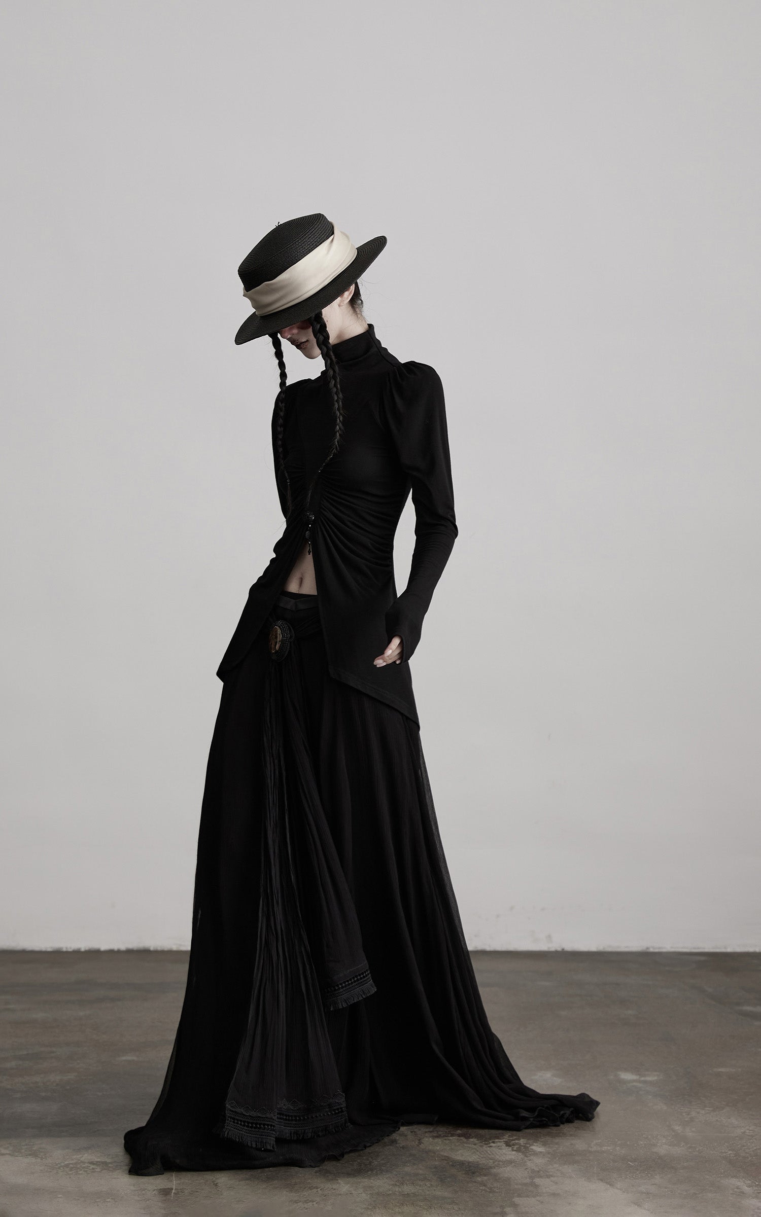 INDULGE High Neck Ruched Long Sleeve Top with Draped Front Detail