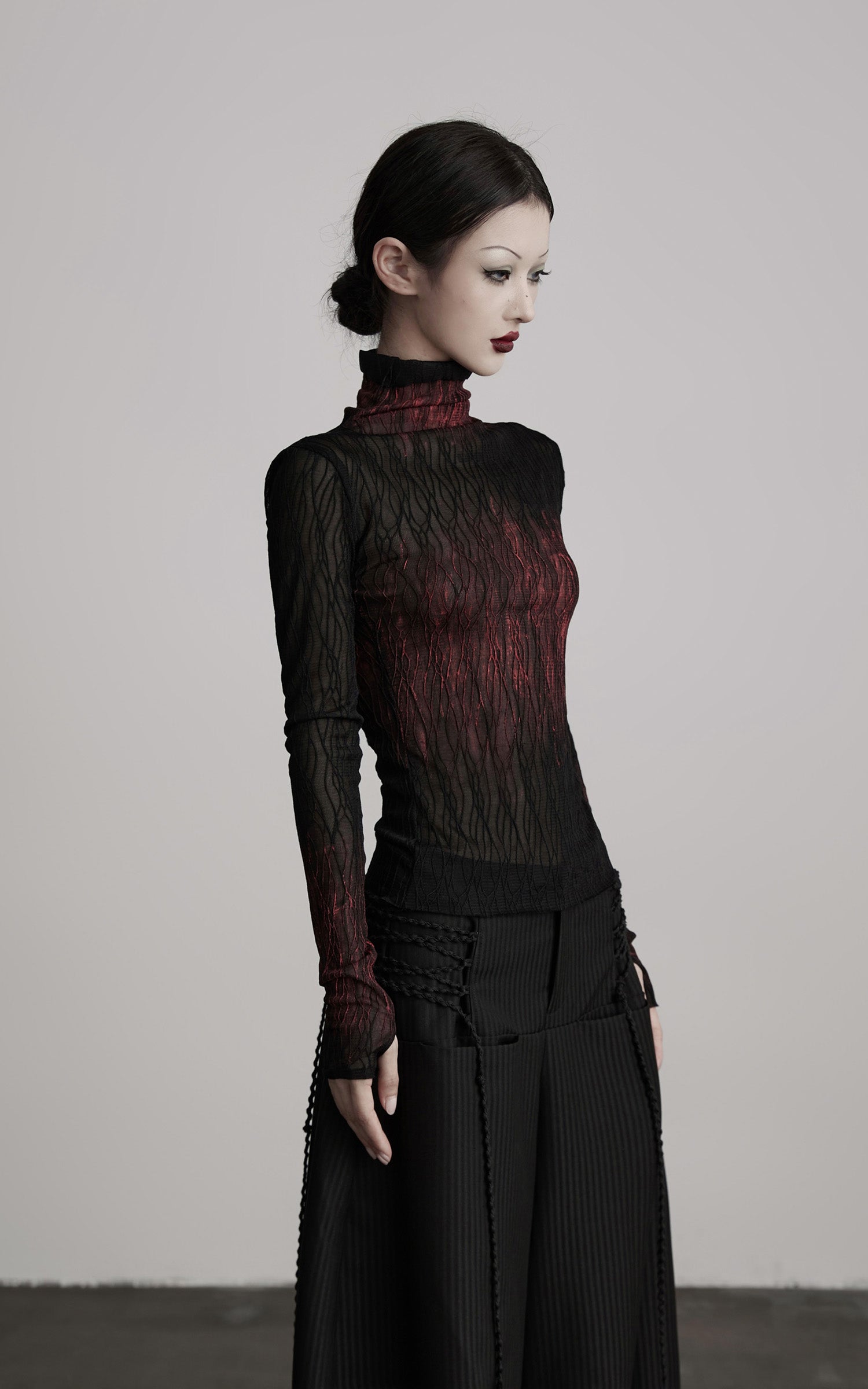 INDULGE Sheer Textured Turtleneck Top