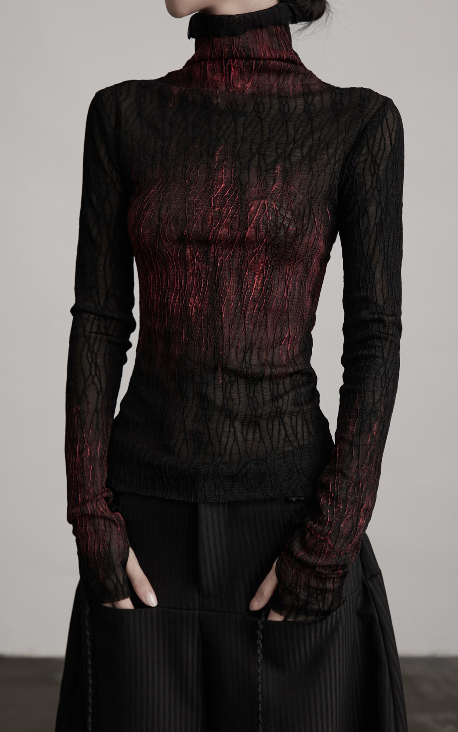 INDULGE Sheer Textured Turtleneck Top