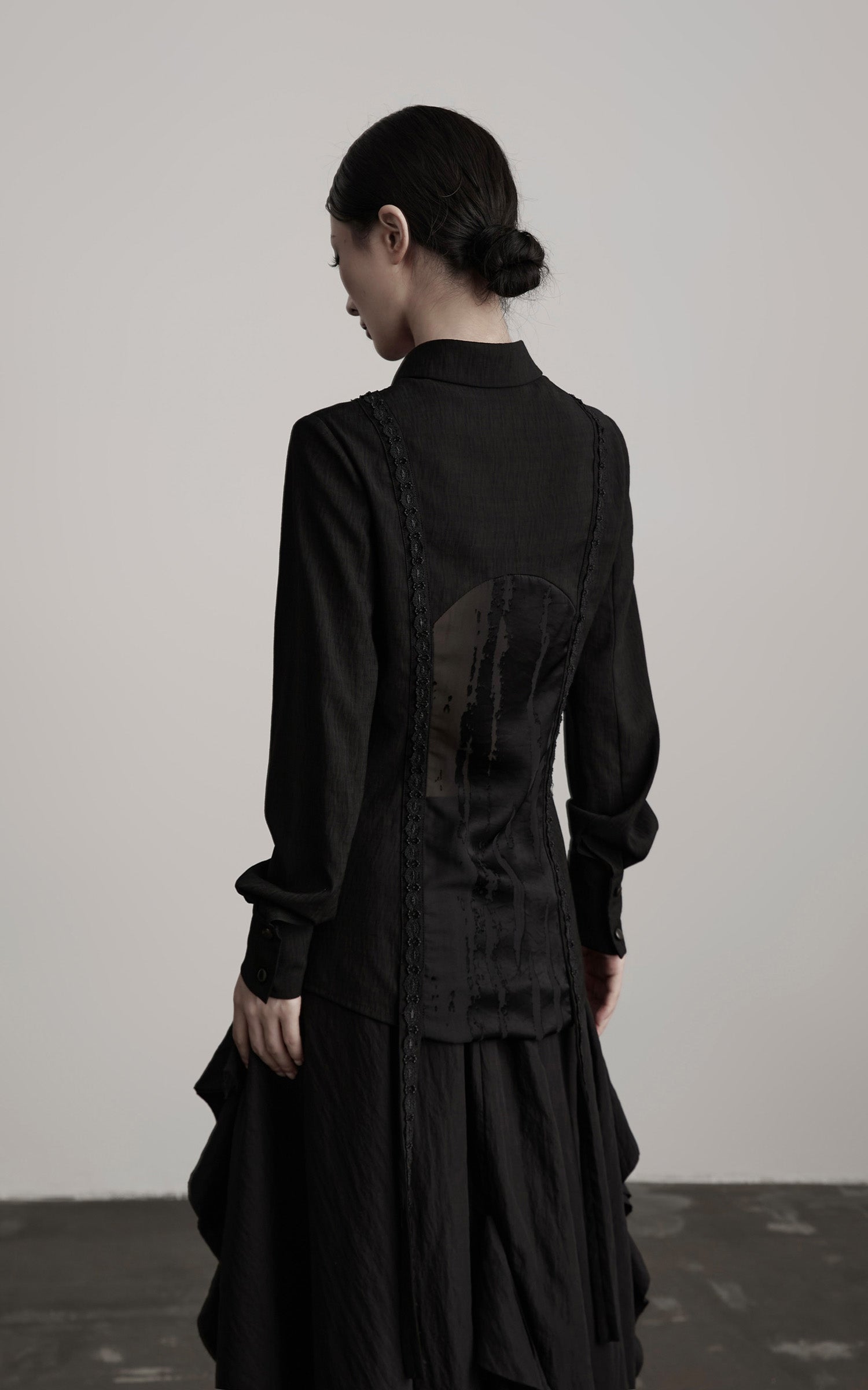 INDULGE Deconstructed Panel Shirt with Sheer Back and Embroidered Trims