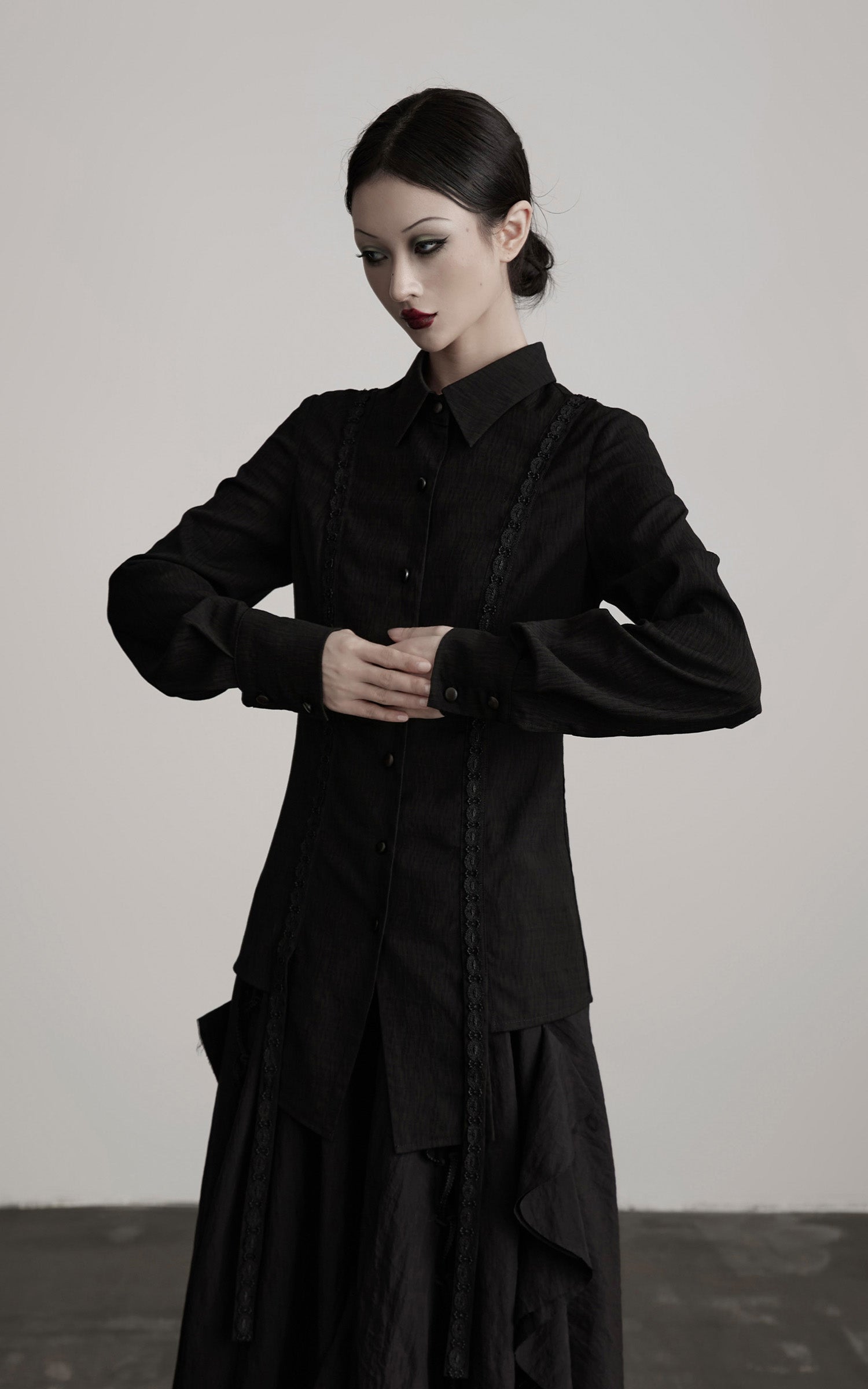 INDULGE Deconstructed Panel Shirt with Sheer Back and Embroidered Trims