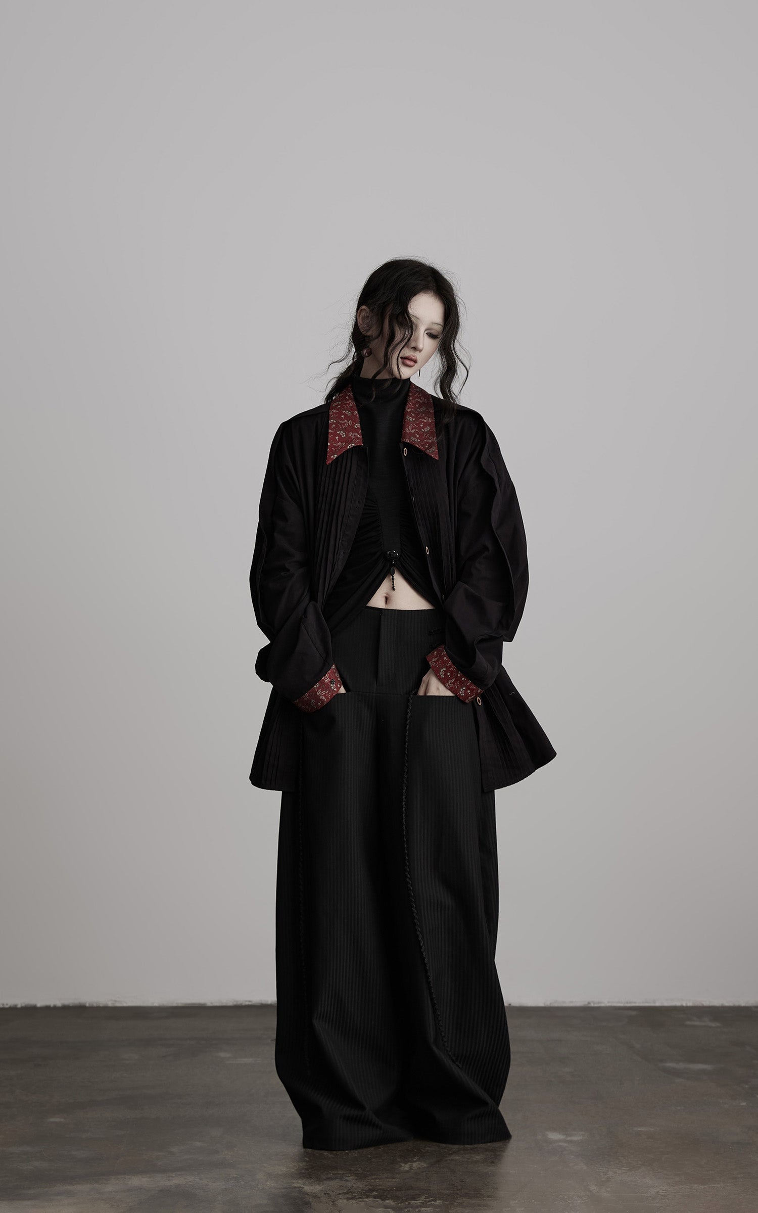INDULGE Oversized Black Shirt with Contrast Collar and Pleated Front